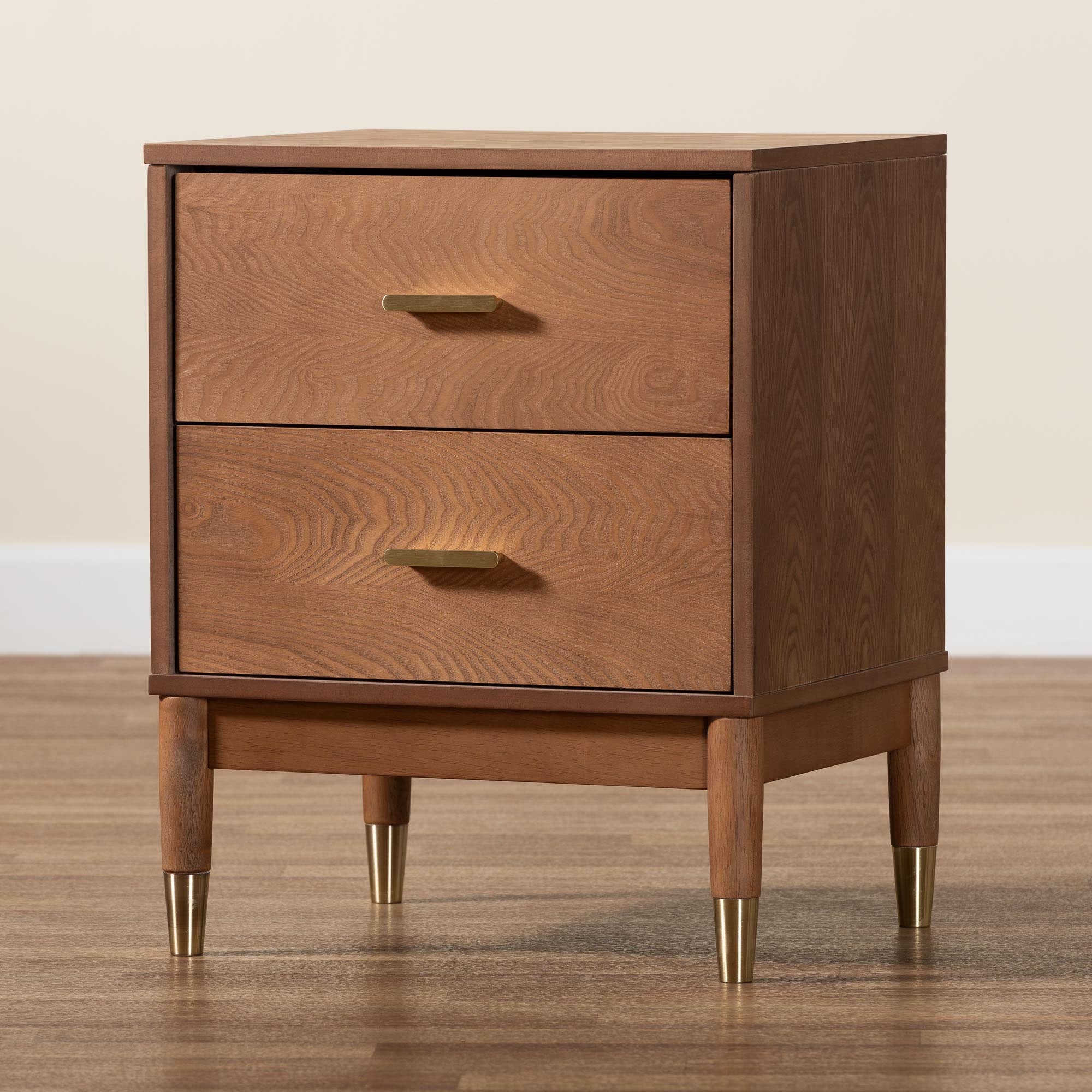 Baxton Studio Mandolin Mid-Century Ash Walnut Wood 2-Drawer Nightstand