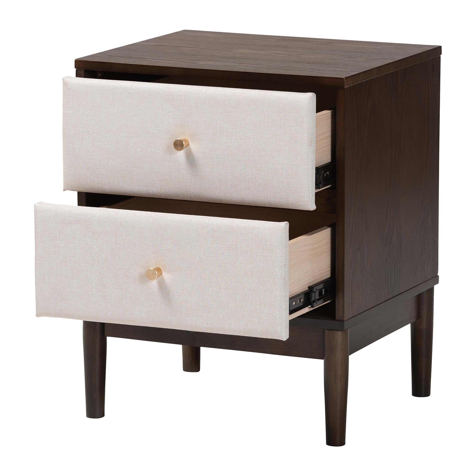 Baxton Studio Nikolai Mid-Century Beige Fabric and Wenge Brown Wood 2-Drawer Nightstand