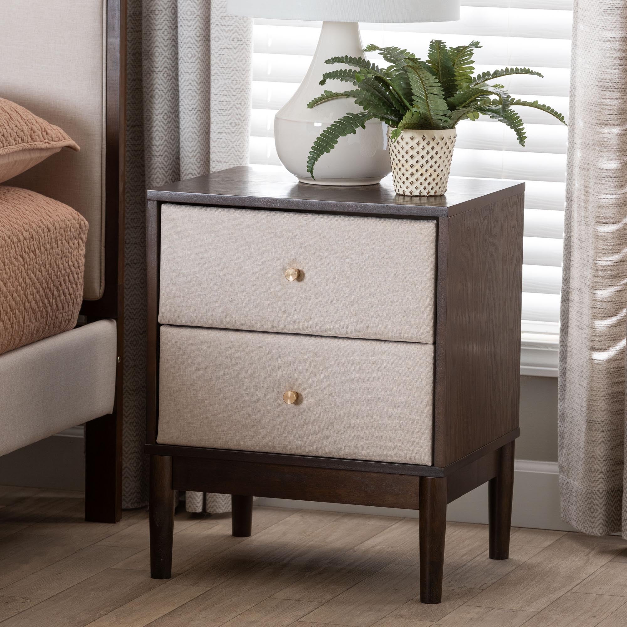 Baxton Studio Nikolai Mid-Century Beige Fabric and Wenge Brown Wood 2-Drawer Nightstand