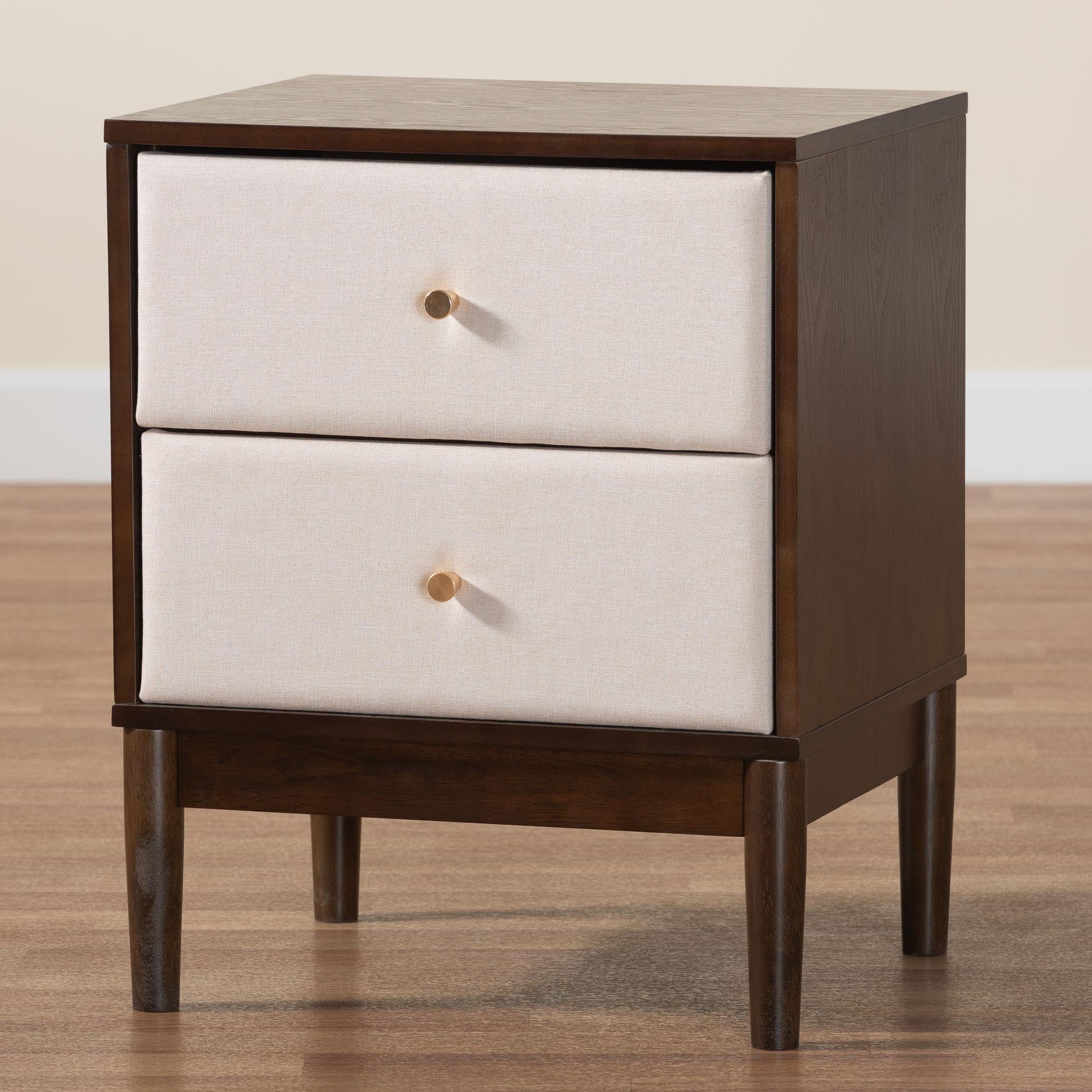Baxton Studio Nikolai Mid-Century Beige Fabric and Wenge Brown Wood 2-Drawer Nightstand