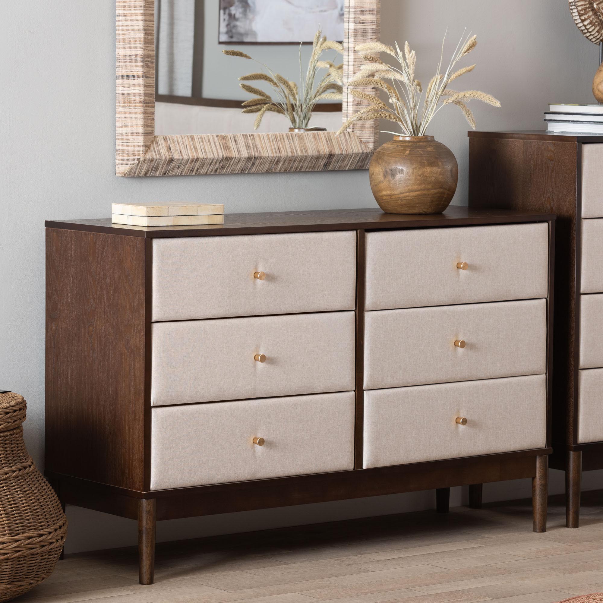 Baxton Studio Nikolai Mid-Century Beige Fabric and Wenge Brown Wood 6-Drawer Dresser