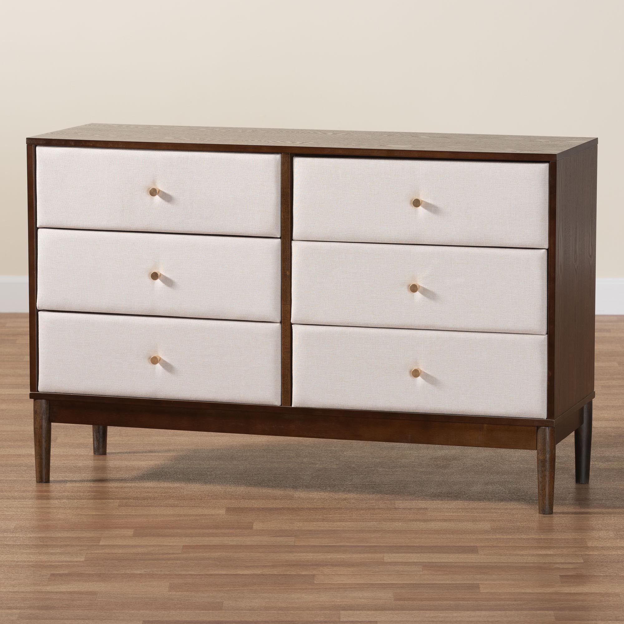 Baxton Studio Nikolai Mid-Century Beige Fabric and Wenge Brown Wood 6-Drawer Dresser
