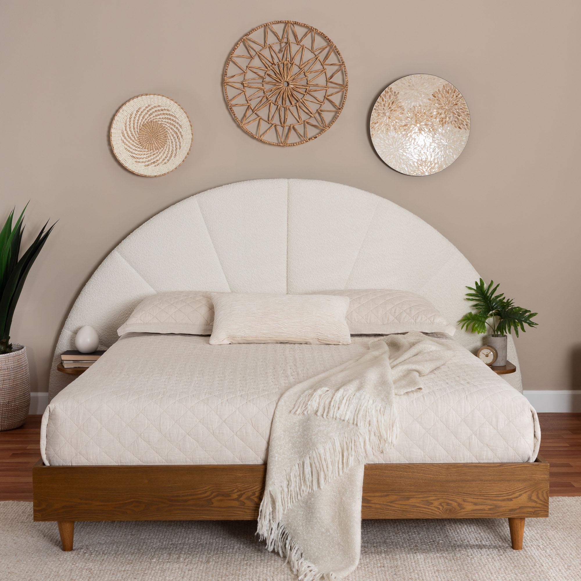 Baxton Studio Bernice Japandi Cream Boucle and Walnut Brown Wood King Bed