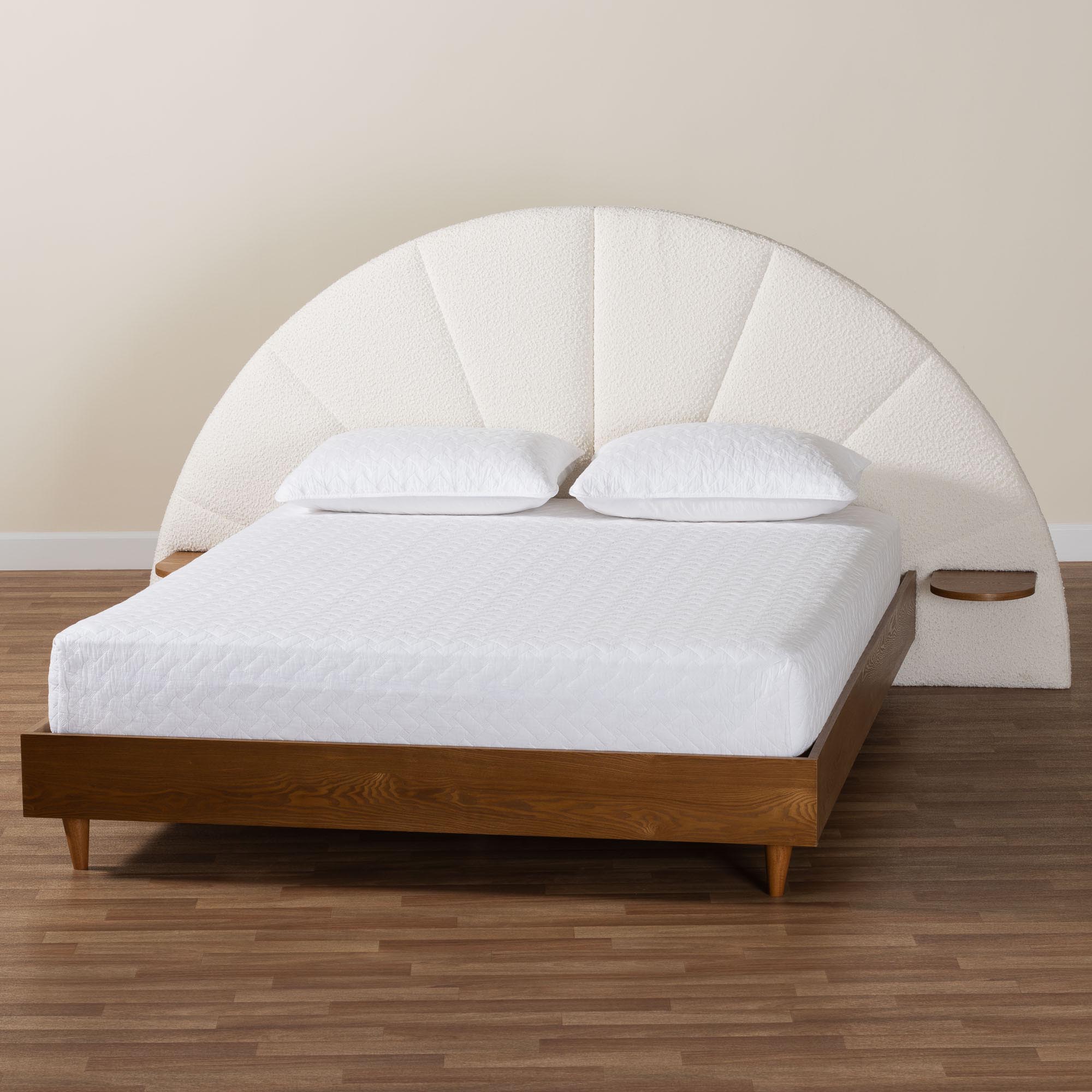 Baxton Studio Bernice Japandi Cream Boucle and Walnut Brown Wood Queen Bed