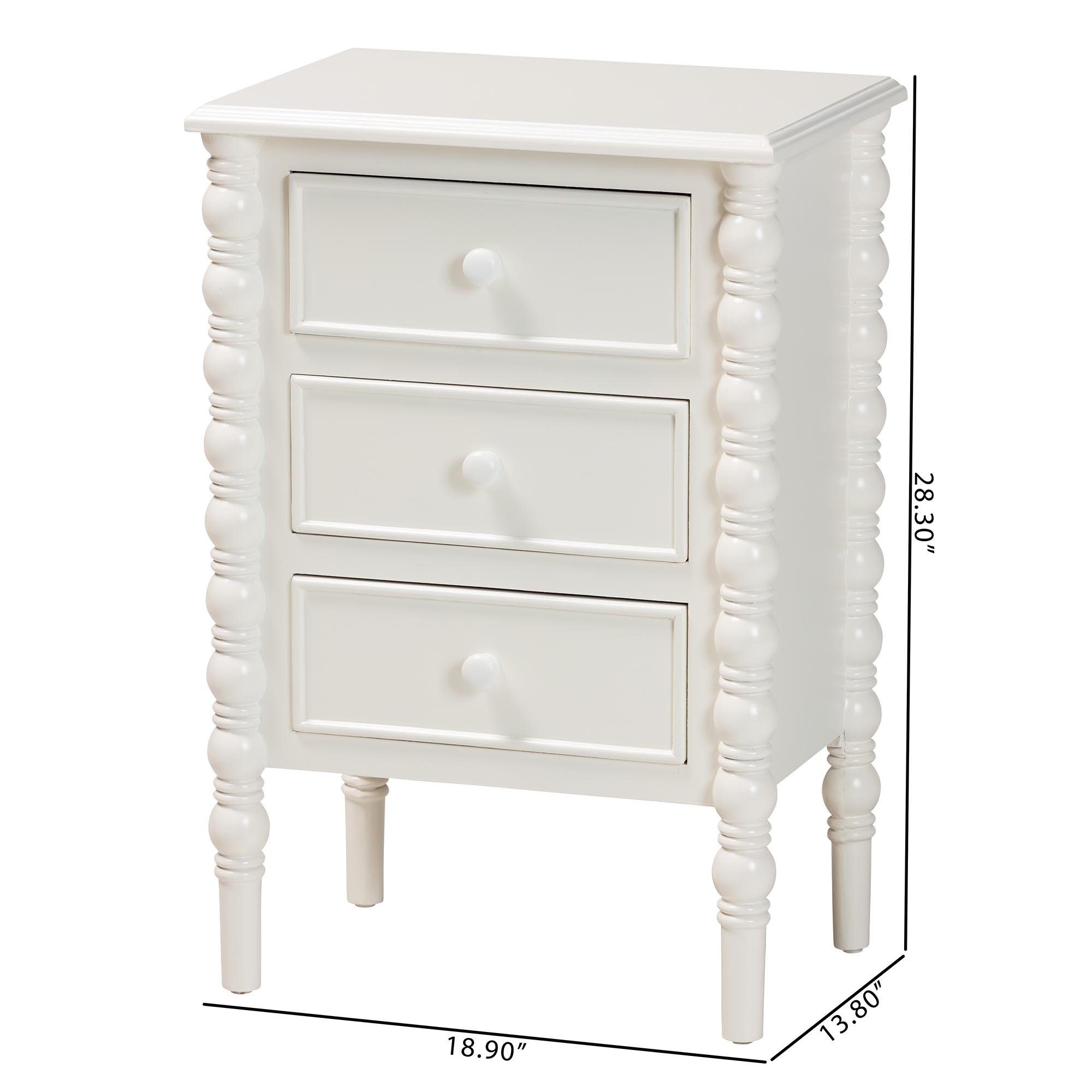 Baxton Studio Malinda Classic White Wood 3-Drawer End Table with Spindle Legs