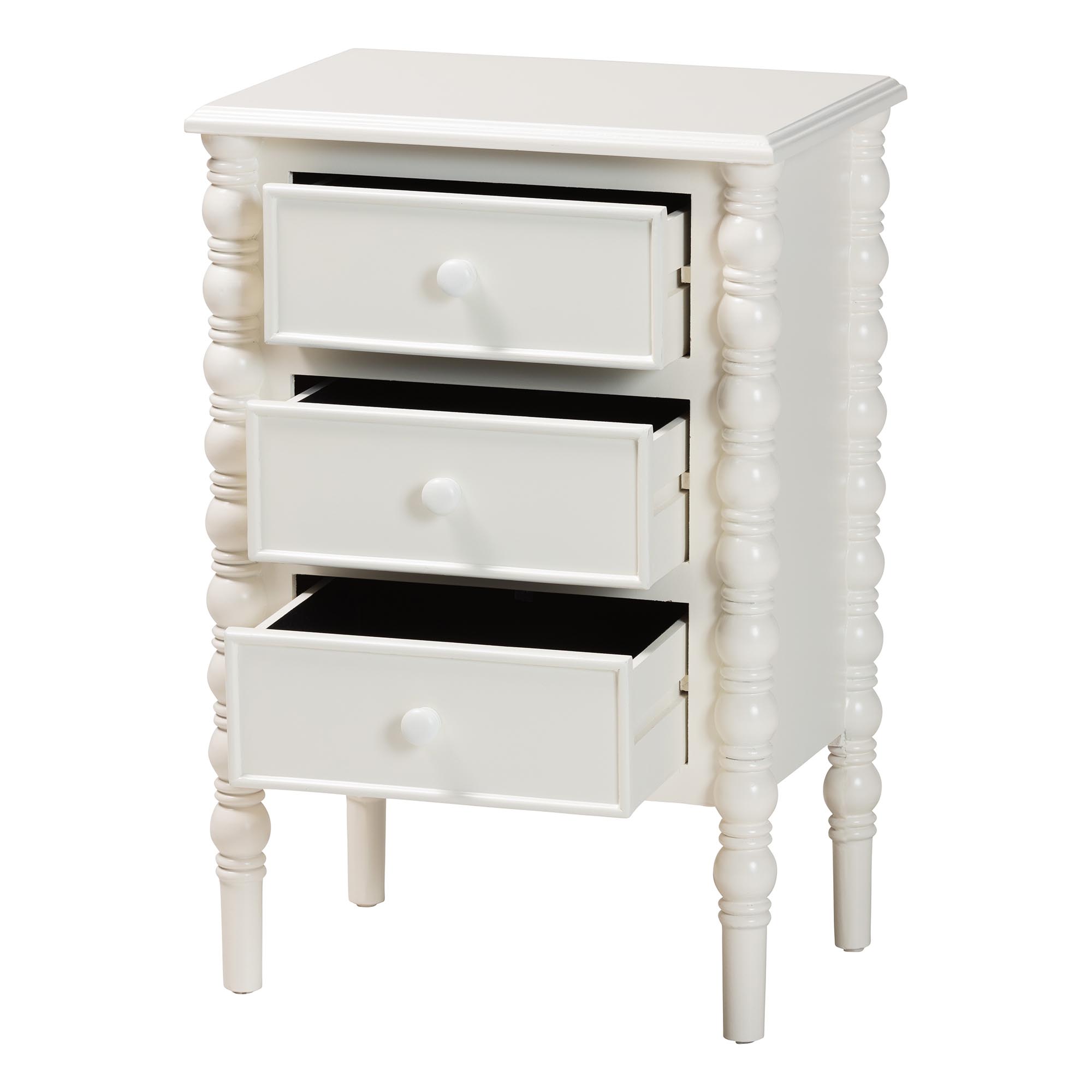 Baxton Studio Malinda Classic White Wood 3-Drawer End Table with Spindle Legs