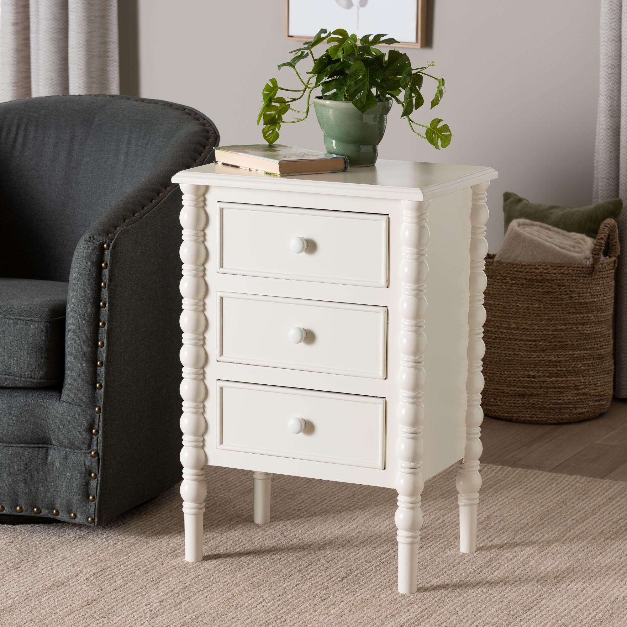 Baxton Studio Malinda Classic White Wood 3-Drawer End Table with Spindle Legs