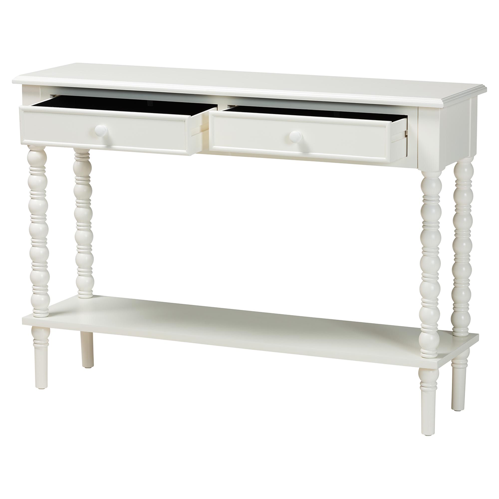 Baxton Studio Malinda Classic White Wood 2-Drawer Console Table with Spindle Legs