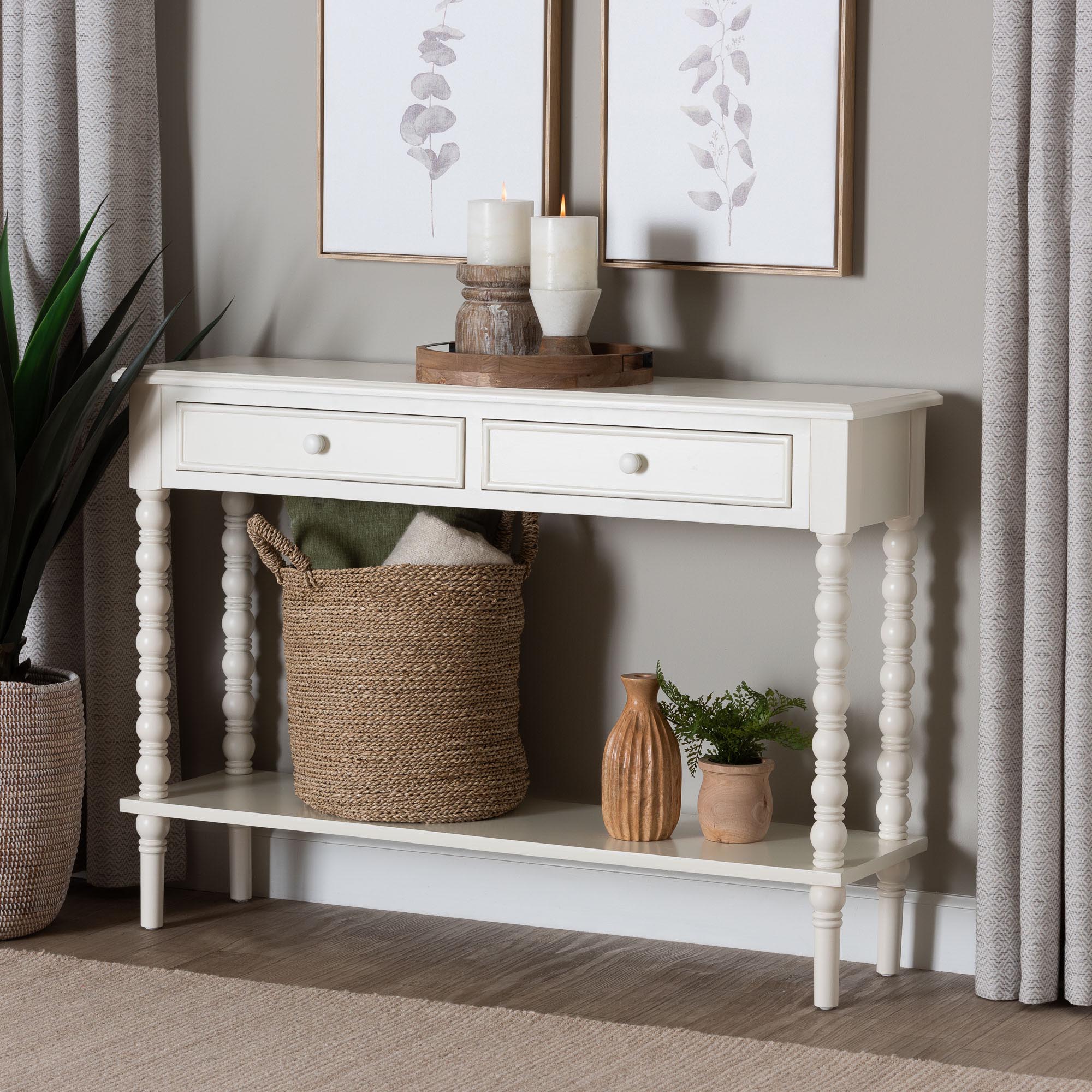Baxton Studio Malinda Classic White Wood 2-Drawer Console Table with Spindle Legs