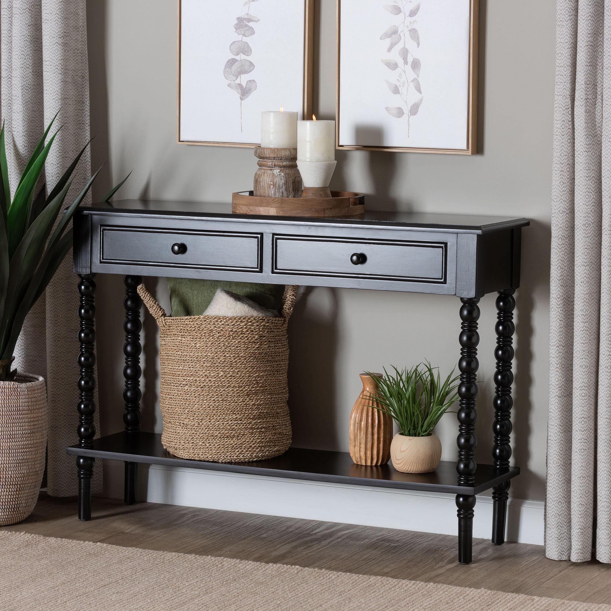 Baxton Studio Malinda Classic Black Wood 2-Drawer Console Table with Spindle Legs