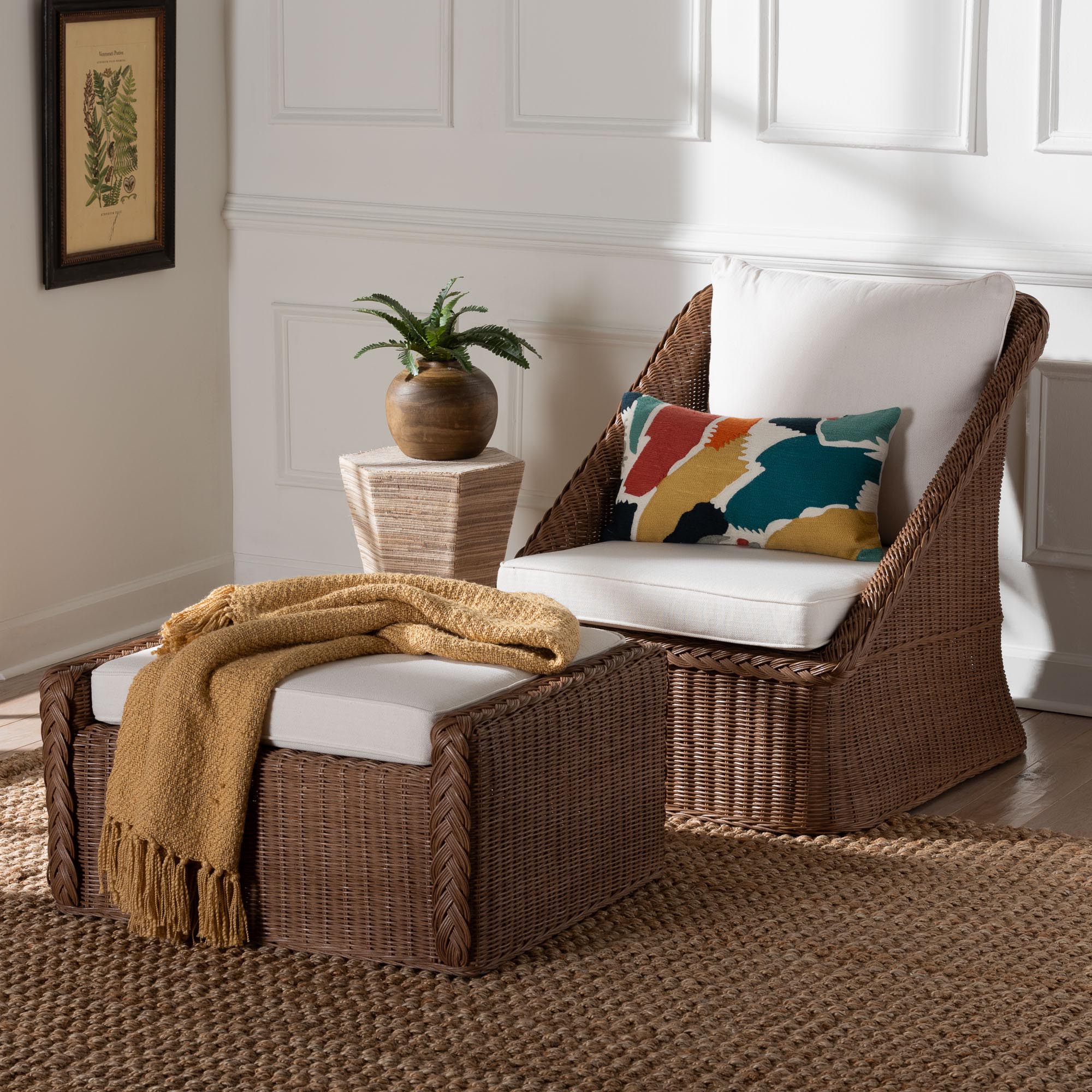 bali & pari Derris Bohemian Peanut Brown Braided Rattan 2-Piece Arm Chair and Footstool Set
