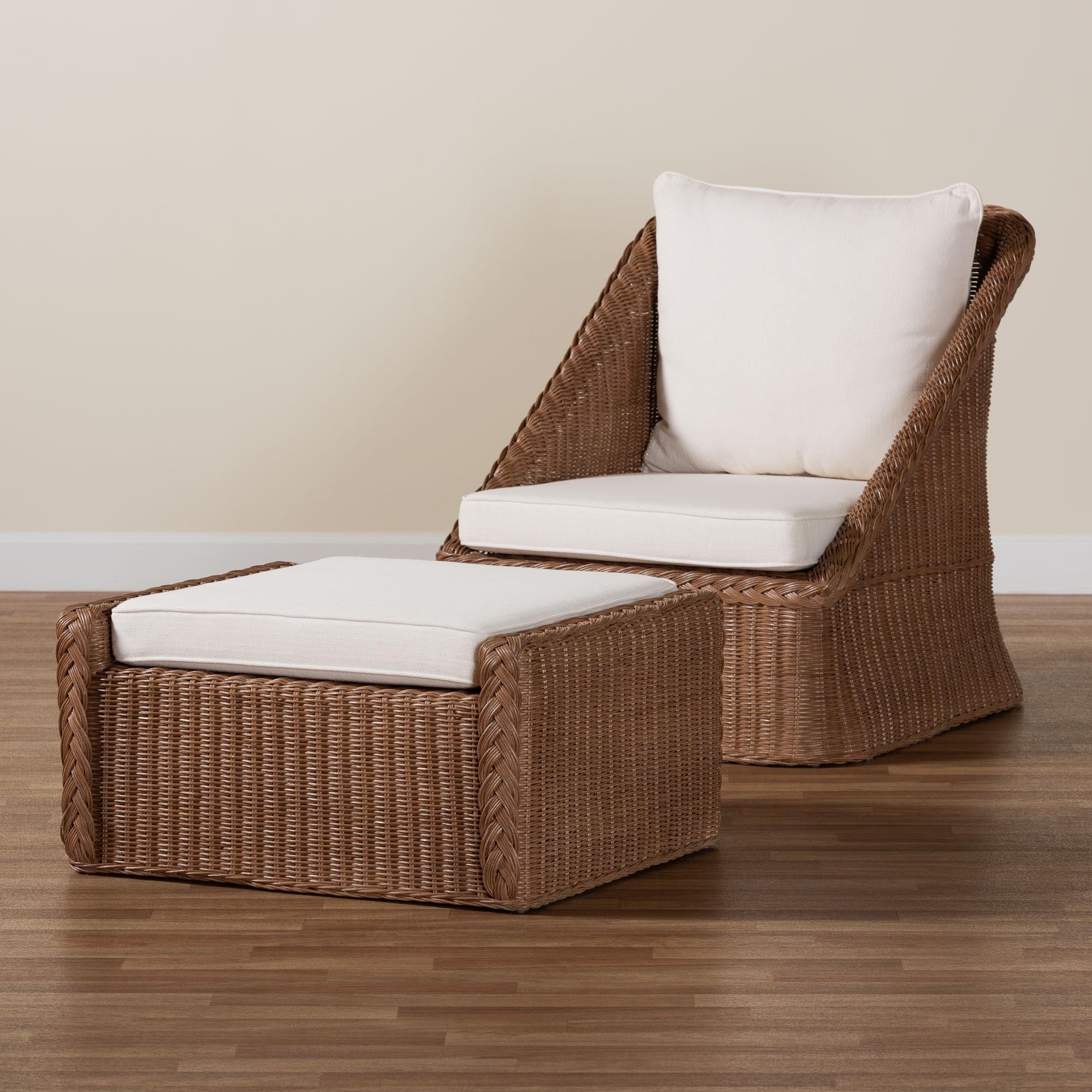 bali & pari Derris Bohemian Peanut Brown Braided Rattan 2-Piece Arm Chair and Footstool Set
