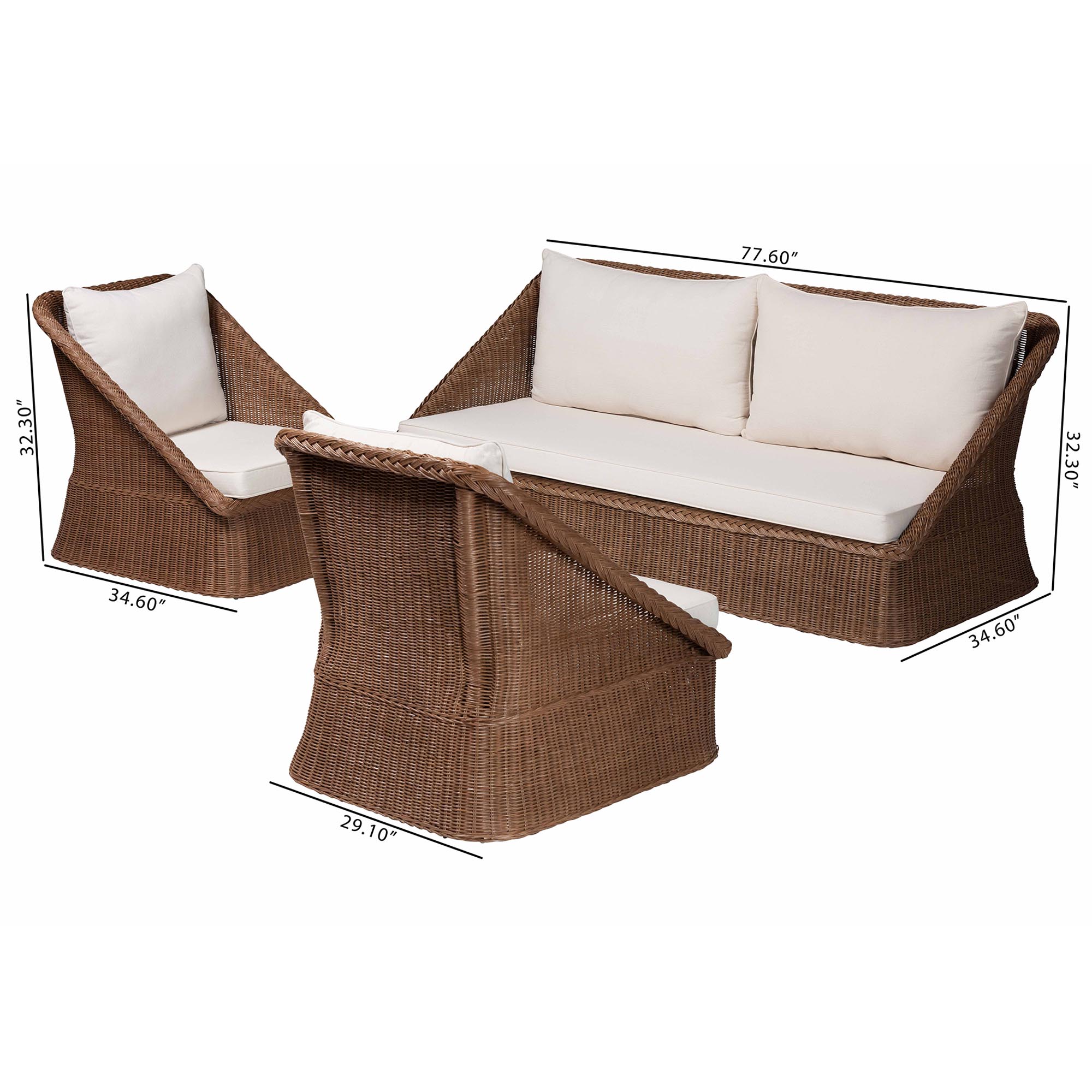 bali & pari Derris Bohemian Peanut Brown Braided Rattan 3-Piece Living Room Set