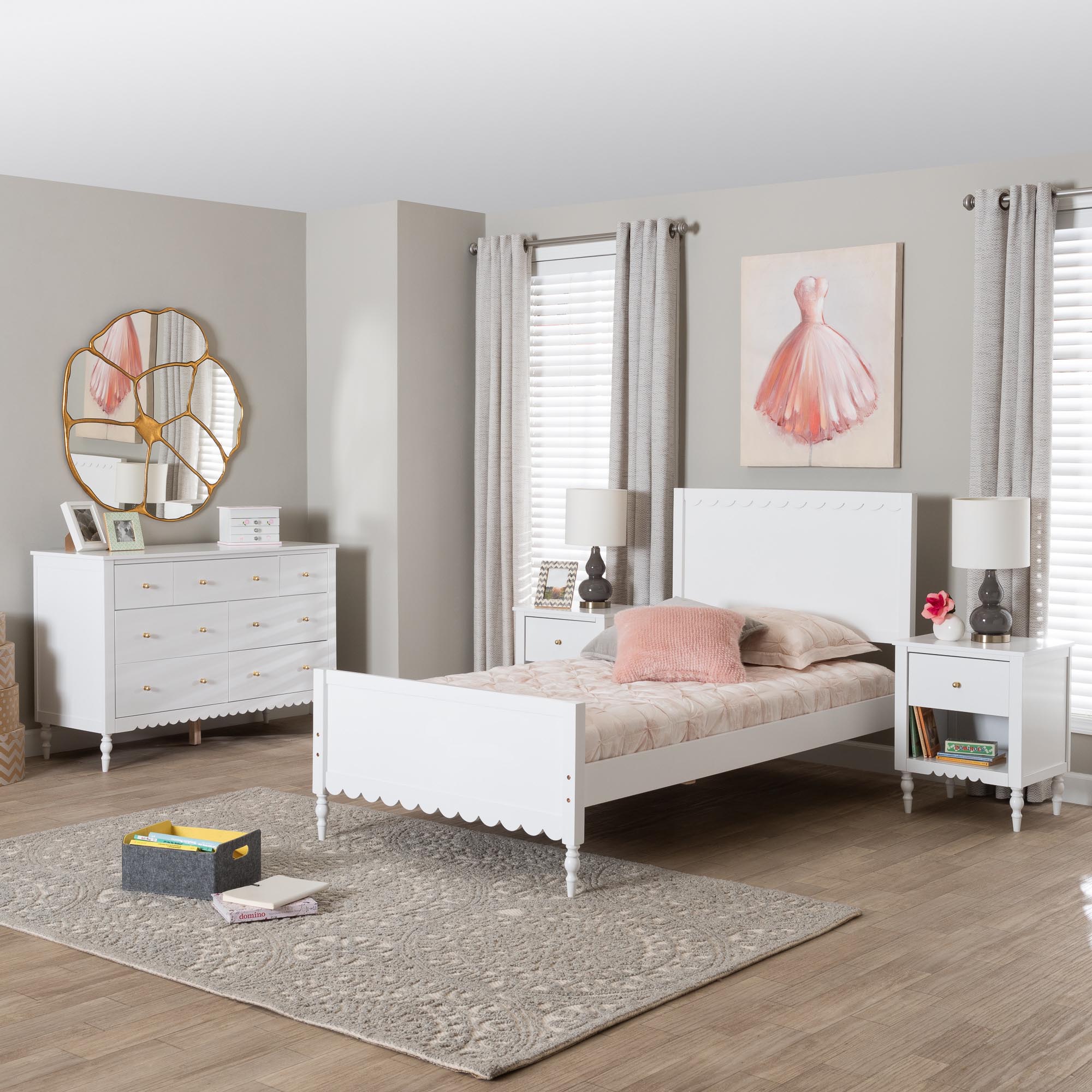 Baxton Studio Roni Modern White Scalloped Wood 4-Piece Full Bedroom Set with Two Nightstands