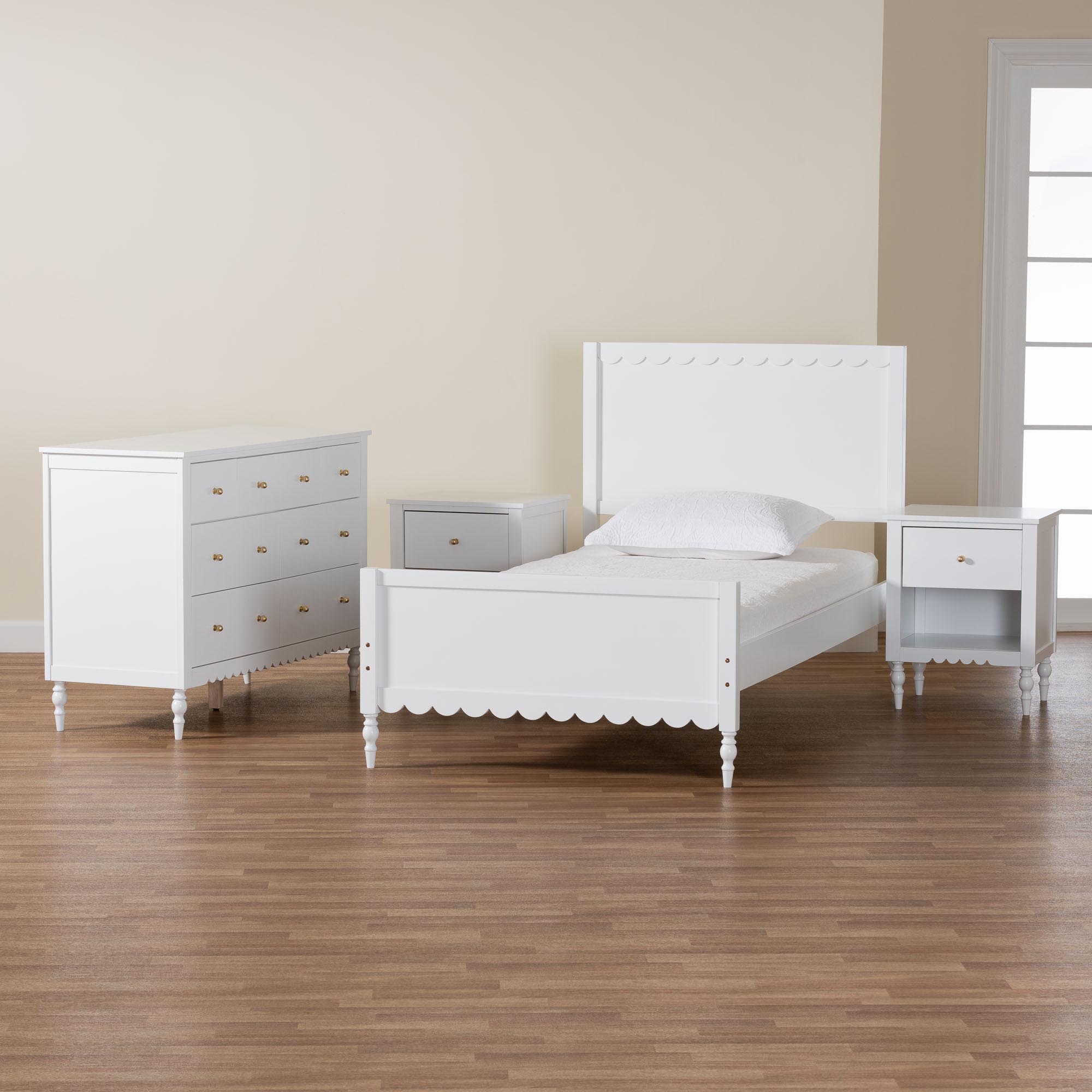 Baxton Studio Roni Modern White Scalloped Wood 4-Piece Twin Bedroom Set with Two Nightstands