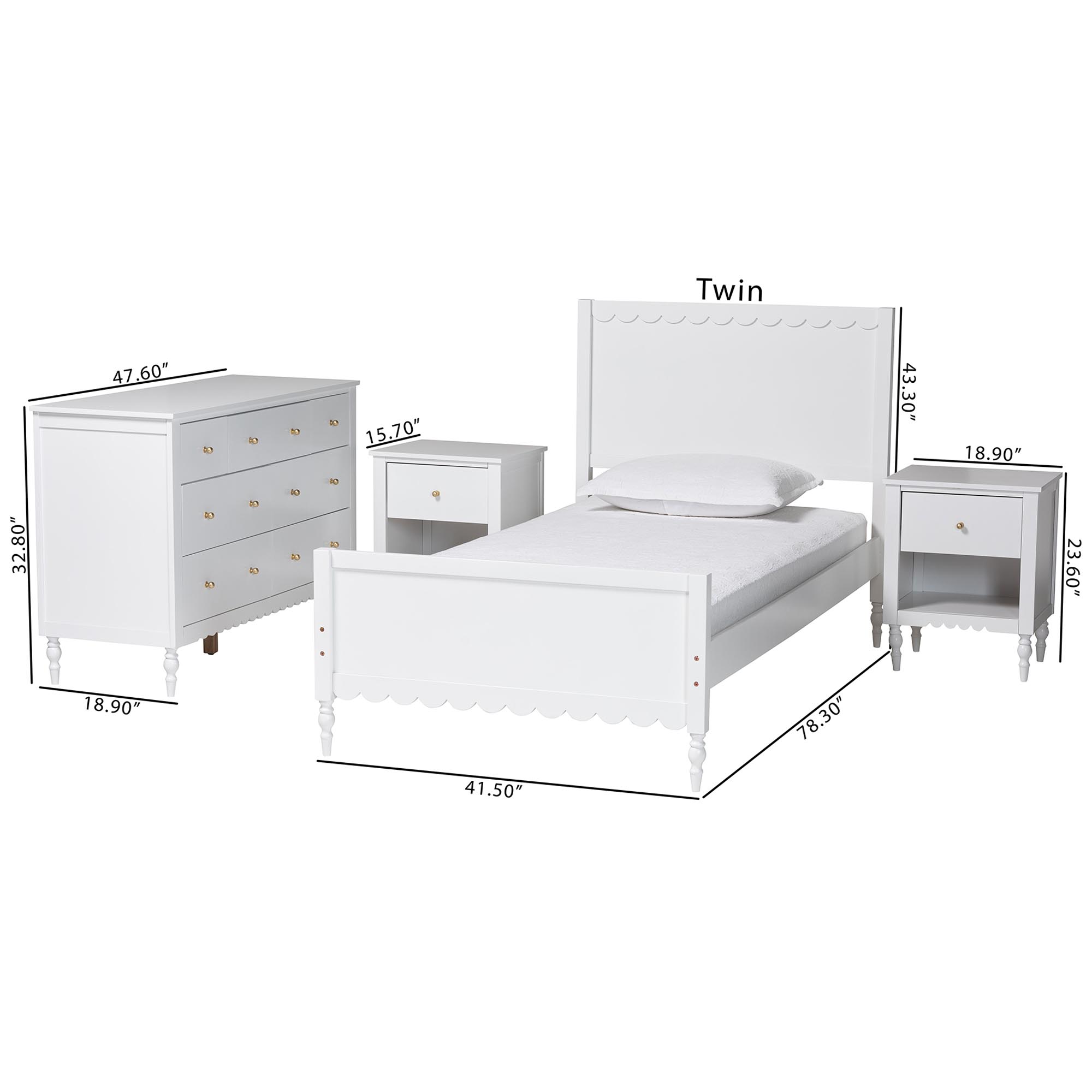 Baxton Studio Roni Modern White Scalloped Wood 4-Piece Full Bedroom Set with Two Nightstands