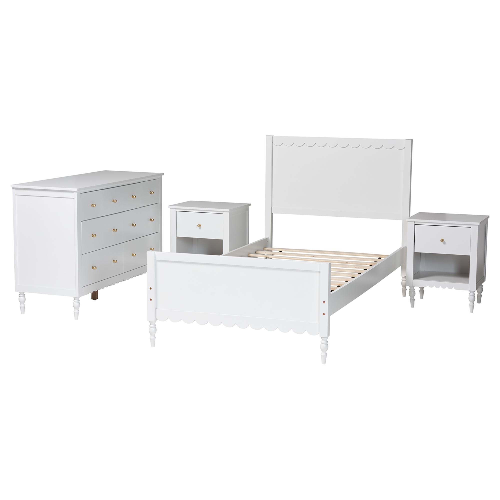 Baxton Studio Roni Modern White Scalloped Wood 4-Piece Twin Bedroom Set with Two Nightstands