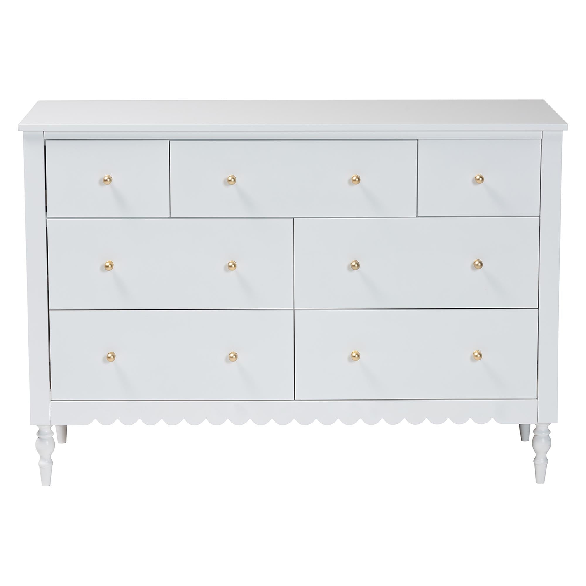 Baxton Studio Roni Modern White Wood 7-Drawer Dresser with Scalloped Edges