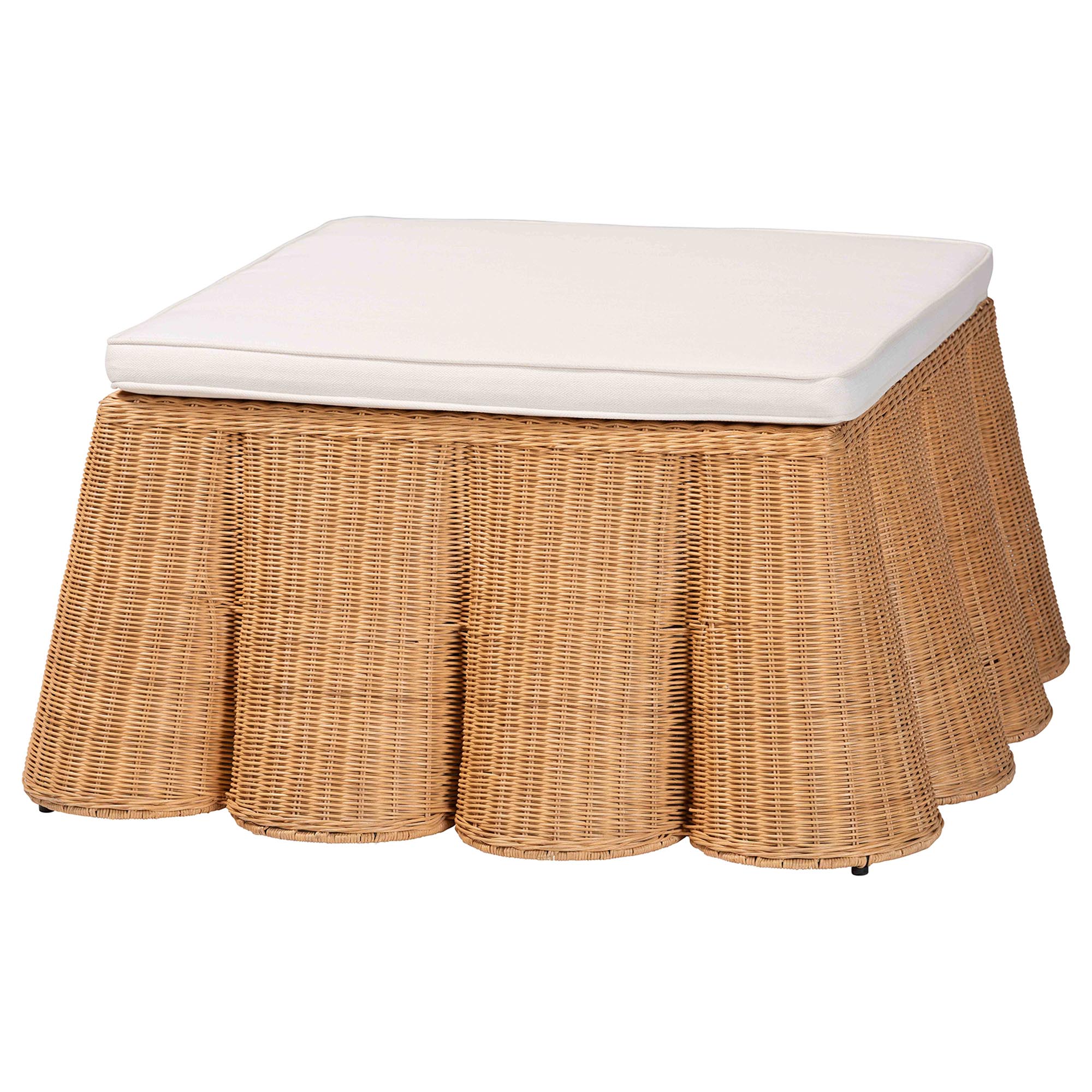 bali & pari Palm Scallop Natural Rattan Ottoman with Cushion - Handwoven Wicker Accent Bench or Footrest for Living Room, Bedroom, or Sunroom Decor, 39" Square