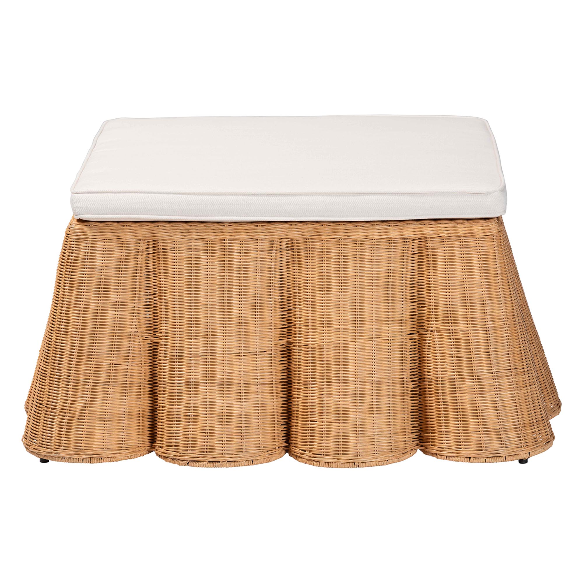 bali & pari Palm Scallop Natural Rattan Ottoman with Cushion - Handwoven Wicker Accent Bench or Footrest for Living Room, Bedroom, or Sunroom Decor, 39" Square