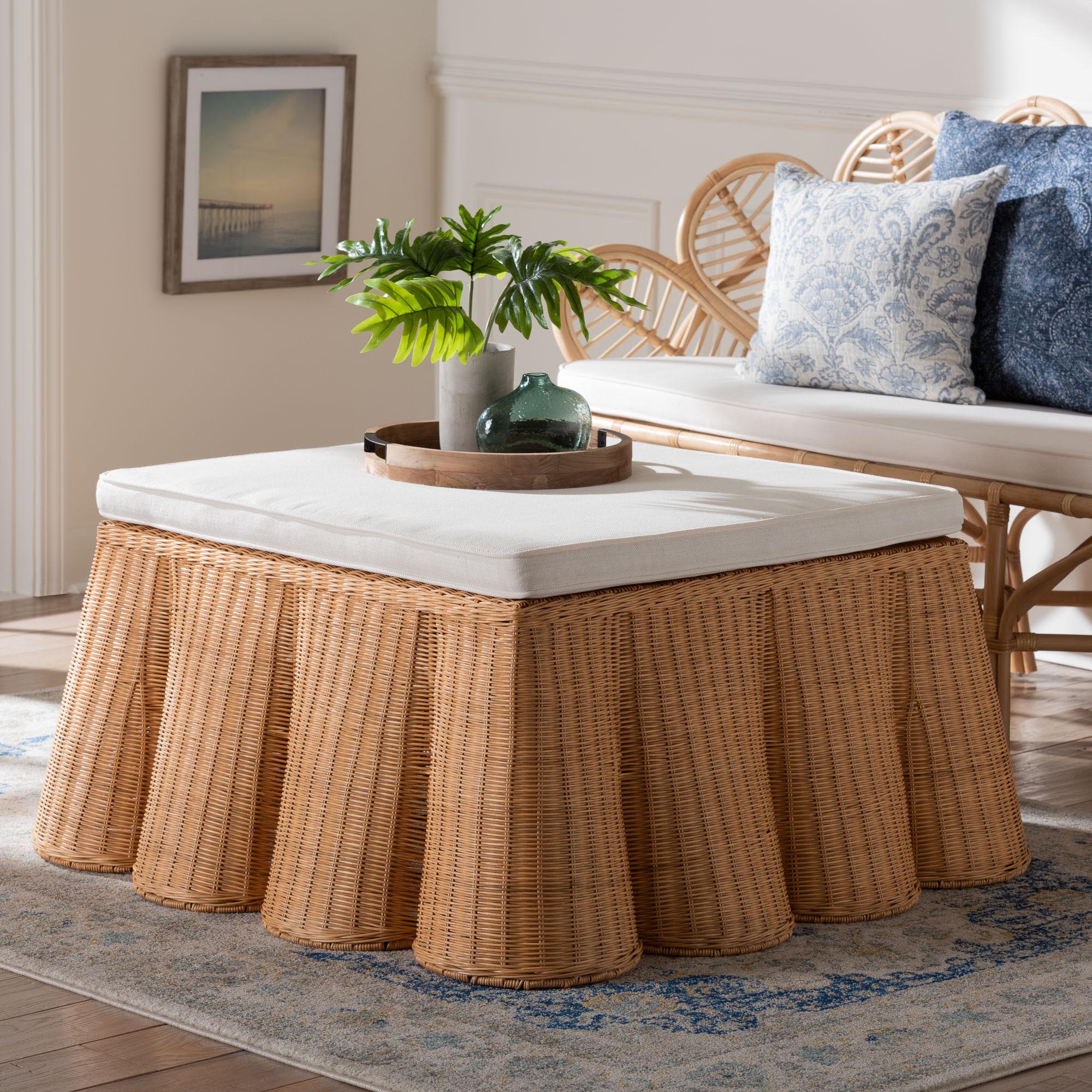 bali & pari Palm Scallop Natural Rattan Ottoman with Cushion - Handwoven Wicker Accent Bench or Footrest for Living Room, Bedroom, or Sunroom Decor, 39" Square