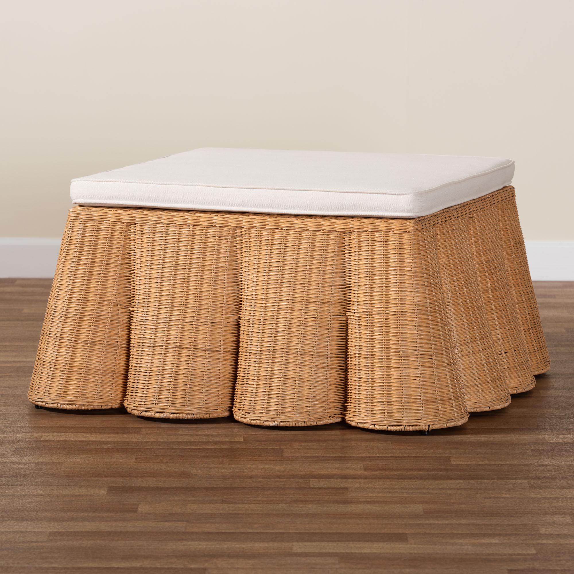 bali & pari Palm Scallop Natural Rattan Ottoman with Cushion - Handwoven Wicker Accent Bench or Footrest for Living Room, Bedroom, or Sunroom Decor, 39" Square