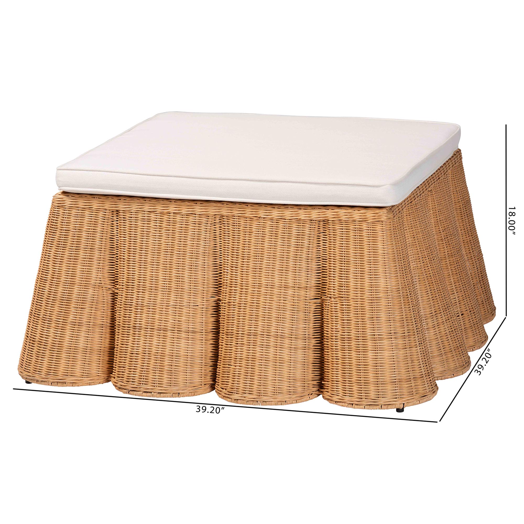 bali & pari Palm Scallop Natural Rattan Ottoman with Cushion - Handwoven Wicker Accent Bench or Footrest for Living Room, Bedroom, or Sunroom Decor, 39" Square
