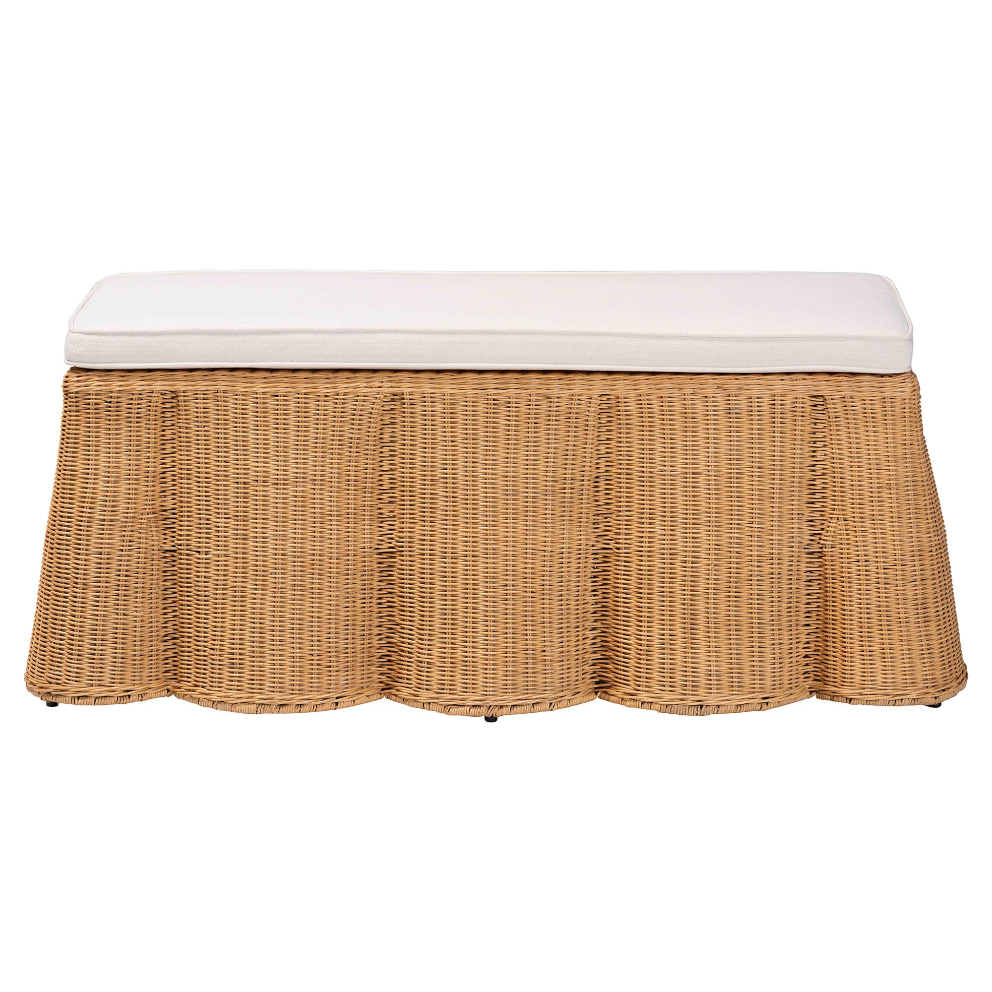 bali & pari Palm Scallop Natural Rattan Ottoman with Cushion - Handwoven Wicker Accent Bench for Living Room, Bedroom or Entryway, Coastal Boho Style Accent Furniture, Rectangle