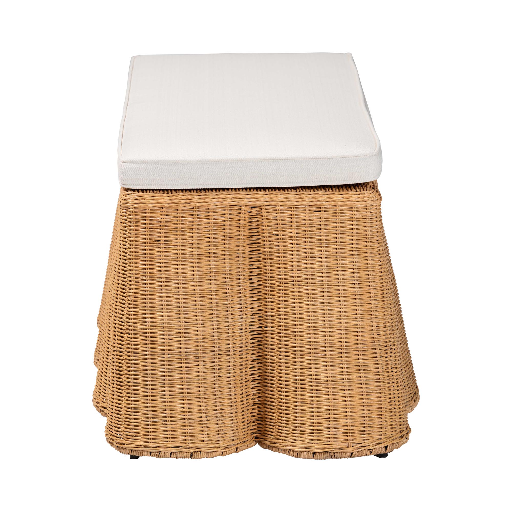 bali & pari Palm Scallop Natural Rattan Ottoman with Cushion - Handwoven Wicker Accent Bench for Living Room, Bedroom or Entryway, Coastal Boho Style Accent Furniture, Rectangle