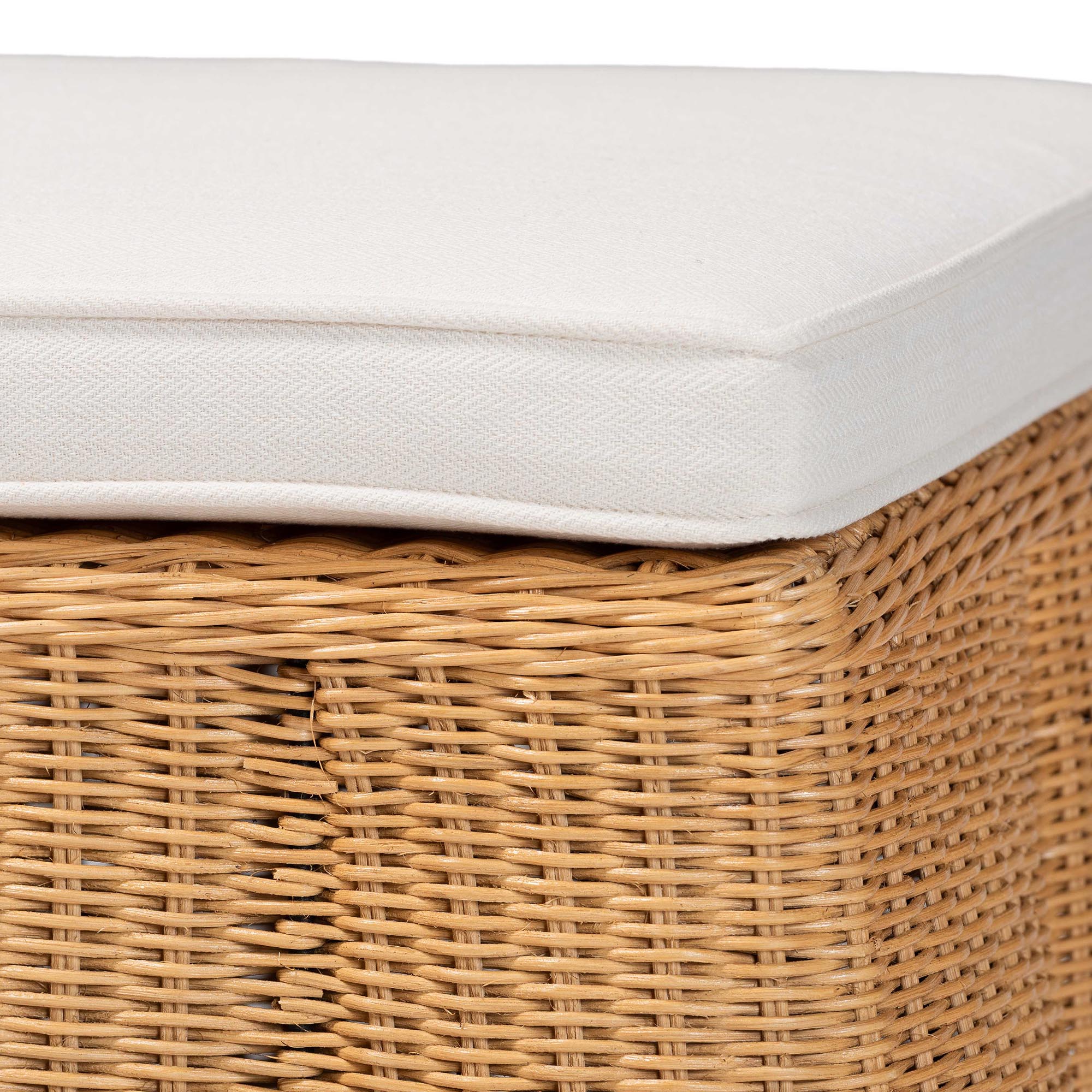 bali & pari Palm Scallop Natural Rattan Ottoman with Cushion - Handwoven Wicker Accent Bench for Living Room, Bedroom or Entryway, Coastal Boho Style Accent Furniture, Rectangle