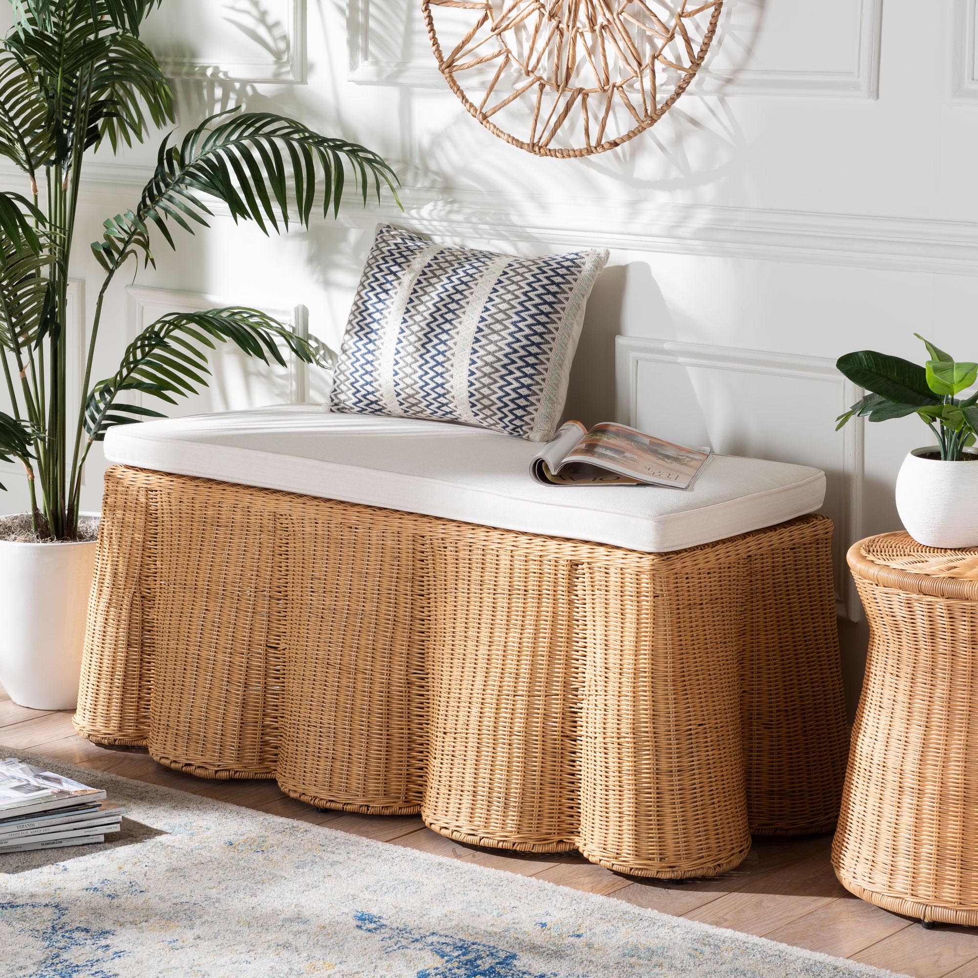 bali & pari Palm Scallop Natural Rattan Ottoman with Cushion - Handwoven Wicker Accent Bench for Living Room, Bedroom or Entryway, Coastal Boho Style Accent Furniture, Rectangle