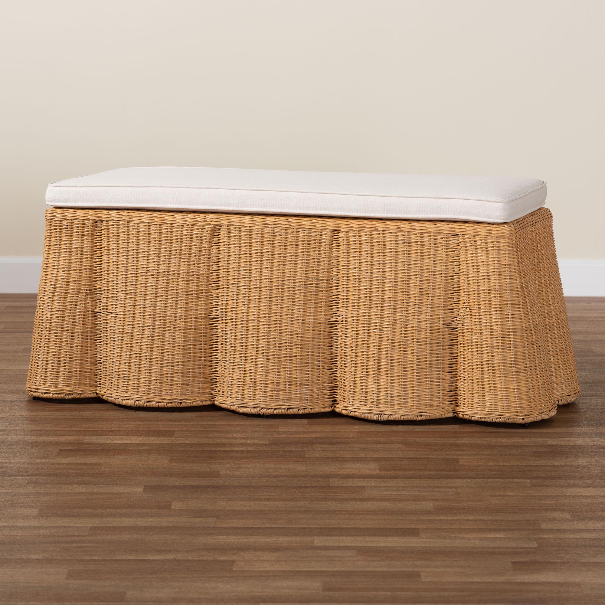 bali & pari Palm Scallop Natural Rattan Ottoman with Cushion - Handwoven Wicker Accent Bench for Living Room, Bedroom or Entryway, Coastal Boho Style Accent Furniture, Rectangle