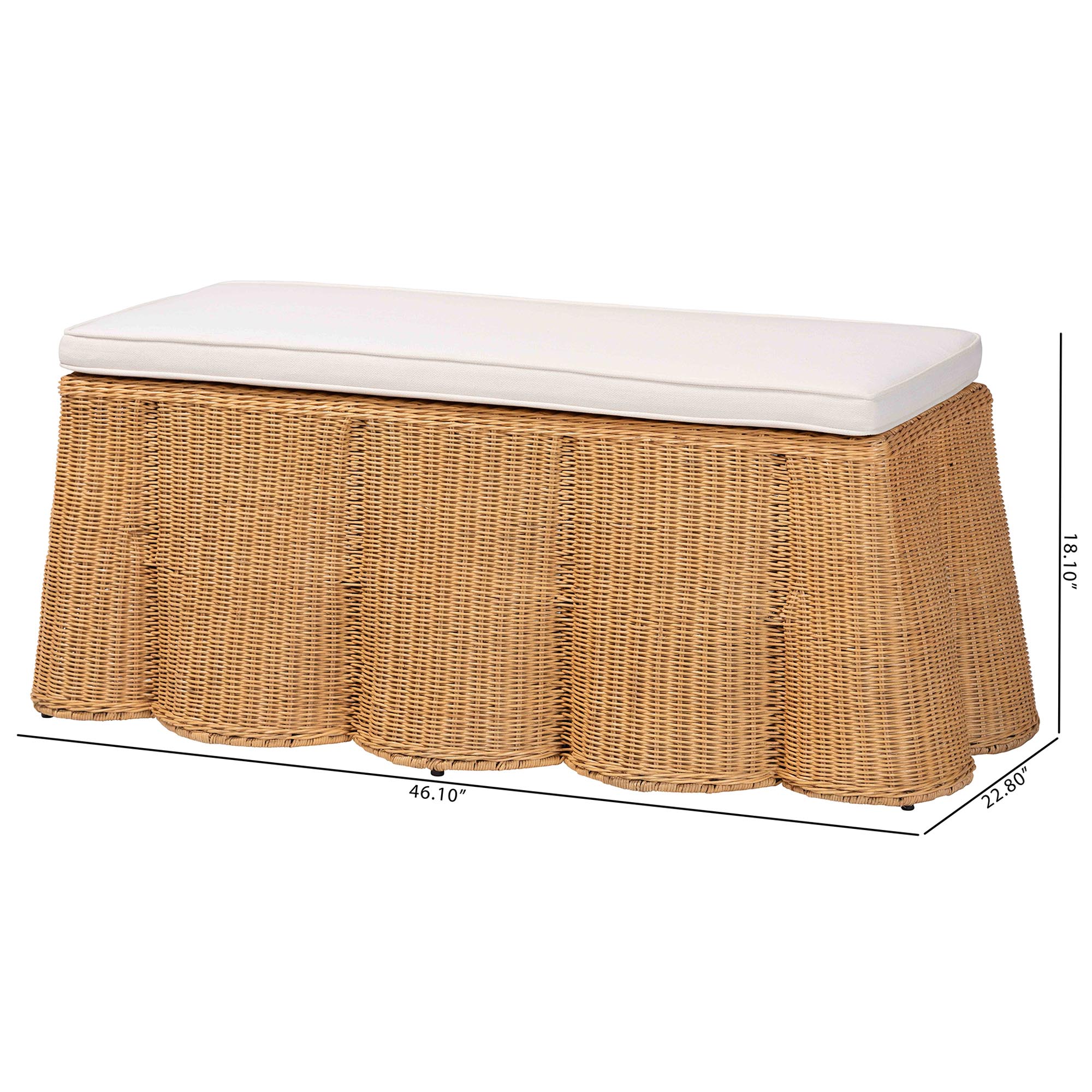 bali & pari Palm Scallop Natural Rattan Ottoman with Cushion - Handwoven Wicker Accent Bench for Living Room, Bedroom or Entryway, Coastal Boho Style Accent Furniture, Rectangle