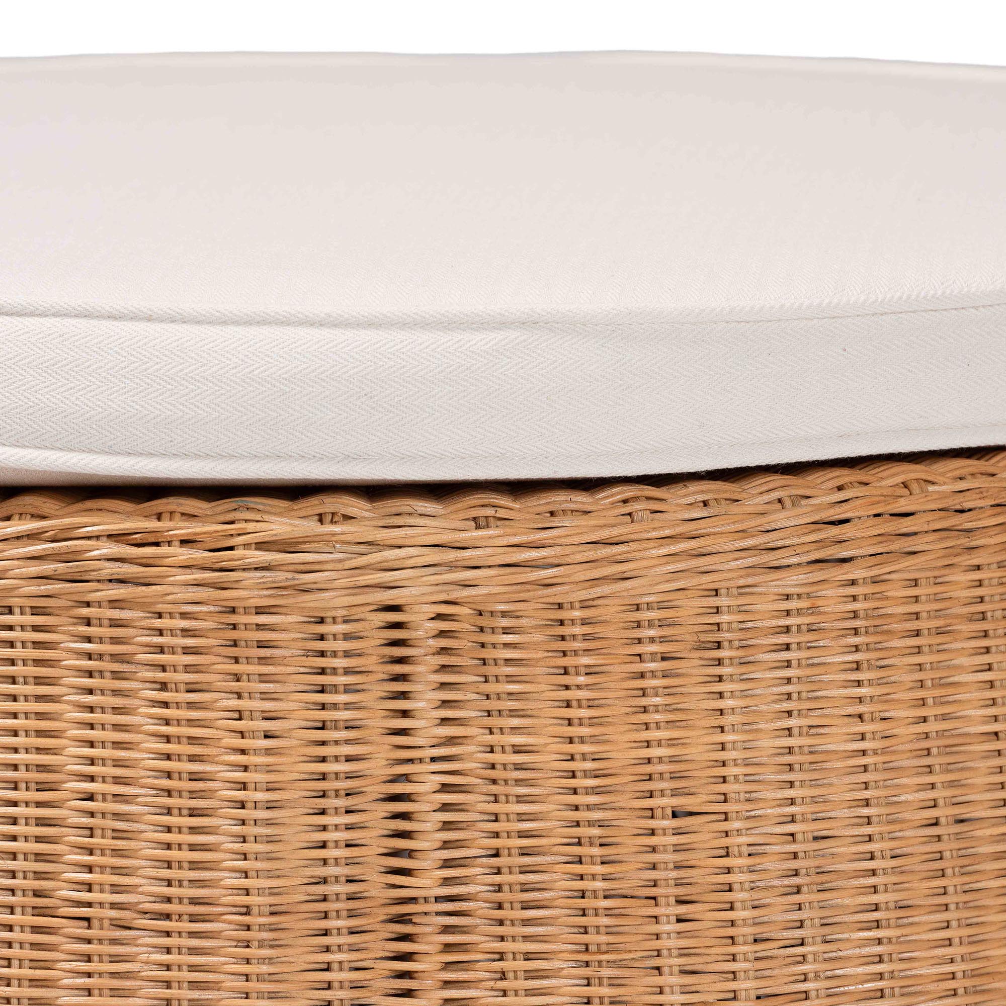 bali & pari Palm Scallop Natural Rattan Ottoman with Cushion - Handwoven Wicker Accent Stool or Footrest for Living Room, Bedroom, or Sunroom, Coastal Boho Style, 32" Round