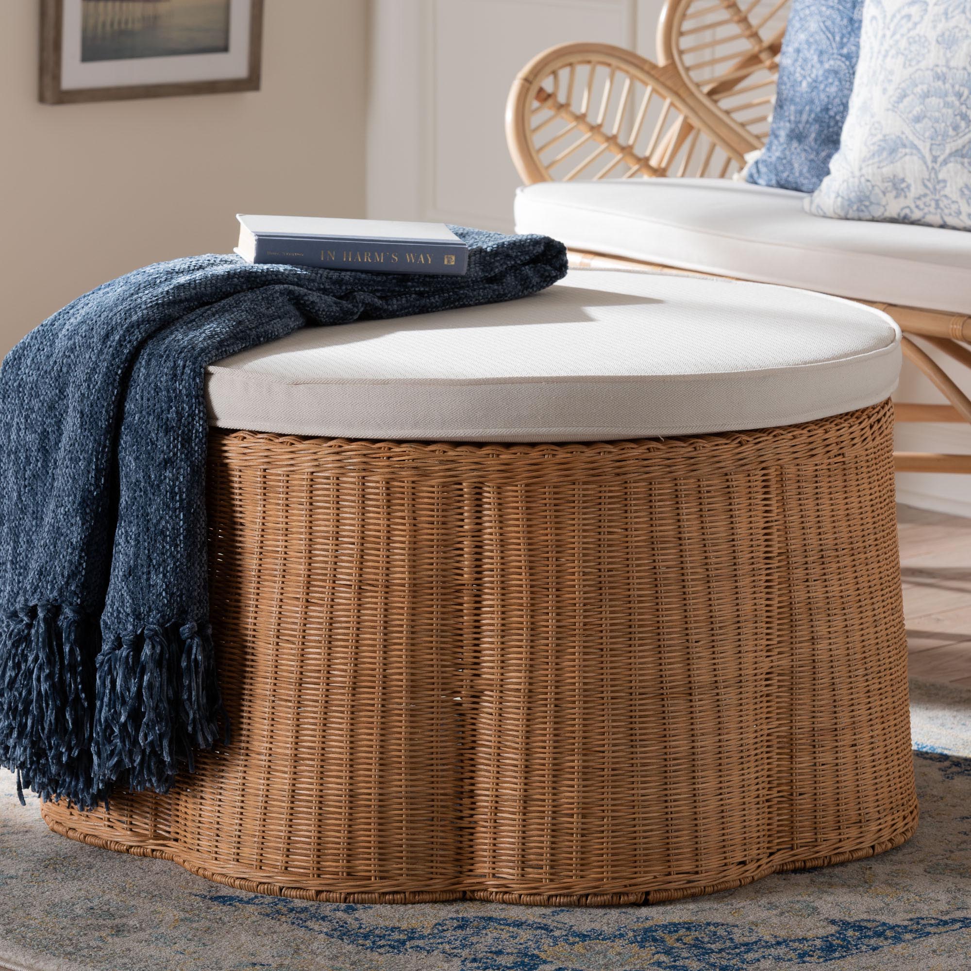 bali & pari Palm Scallop Natural Rattan Ottoman with Cushion - Handwoven Wicker Accent Stool or Footrest for Living Room, Bedroom, or Sunroom, Coastal Boho Style, 32" Round
