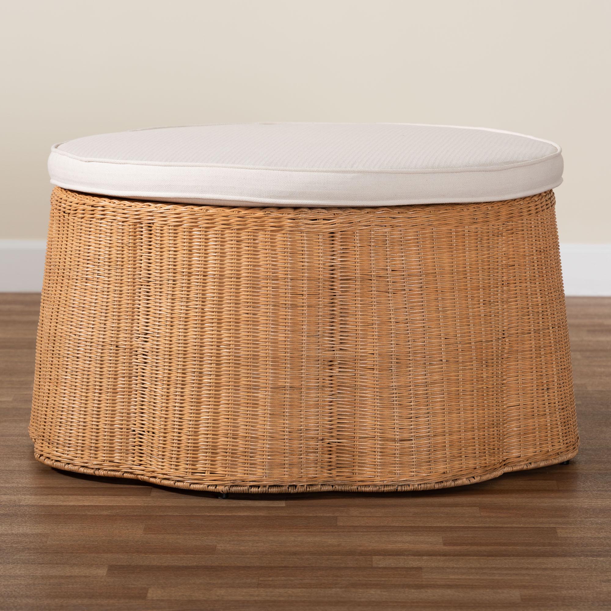 bali & pari Palm Scallop Natural Rattan Ottoman with Cushion - Handwoven Wicker Accent Stool or Footrest for Living Room, Bedroom, or Sunroom, Coastal Boho Style, 32" Round