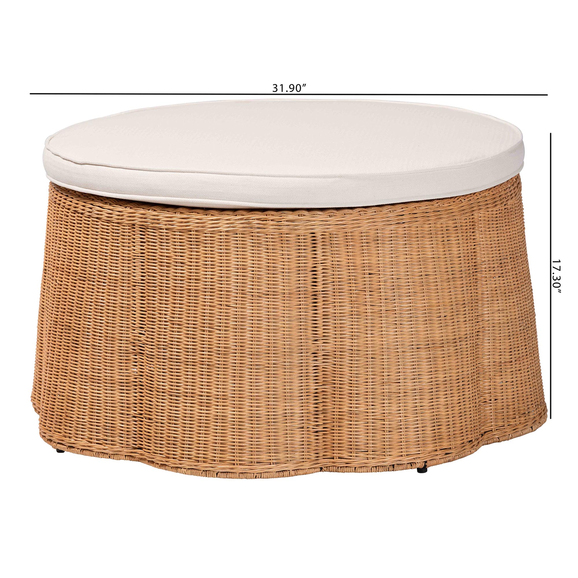 bali & pari Palm Scallop Natural Rattan Ottoman with Cushion - Handwoven Wicker Accent Stool or Footrest for Living Room, Bedroom, or Sunroom, Coastal Boho Style, 32" Round