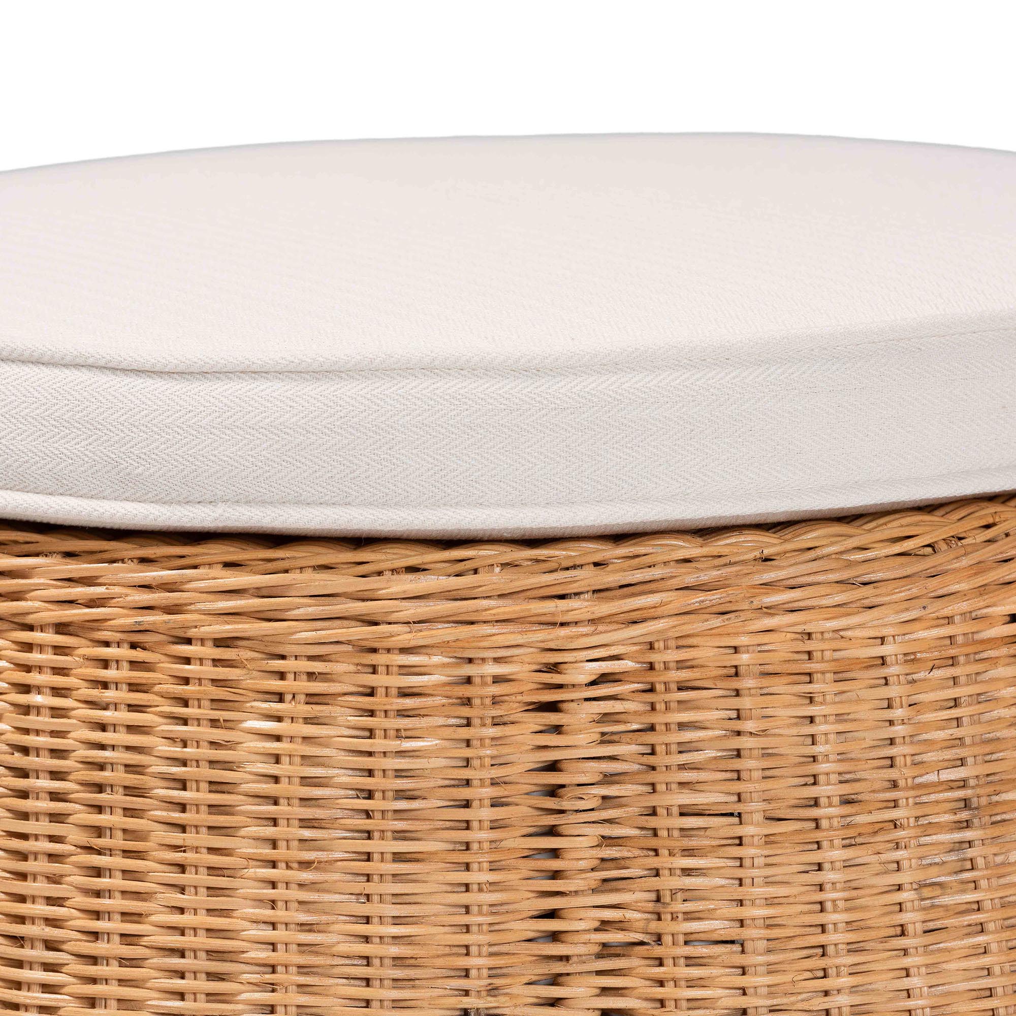 bali & pari Palm Scallop Natural Rattan Ottoman with Cushion - Handwoven Wicker Accent Stool or Footrest for Living Room, Bedroom, or Sunroom, Coastal Boho Style, 26" Round