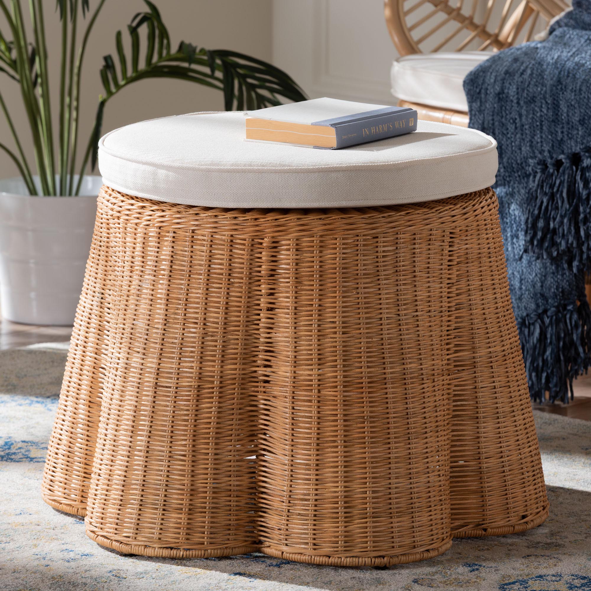 bali & pari Palm Scallop Natural Rattan Ottoman with Cushion - Handwoven Wicker Accent Stool or Footrest for Living Room, Bedroom, or Sunroom, Coastal Boho Style, 26" Round