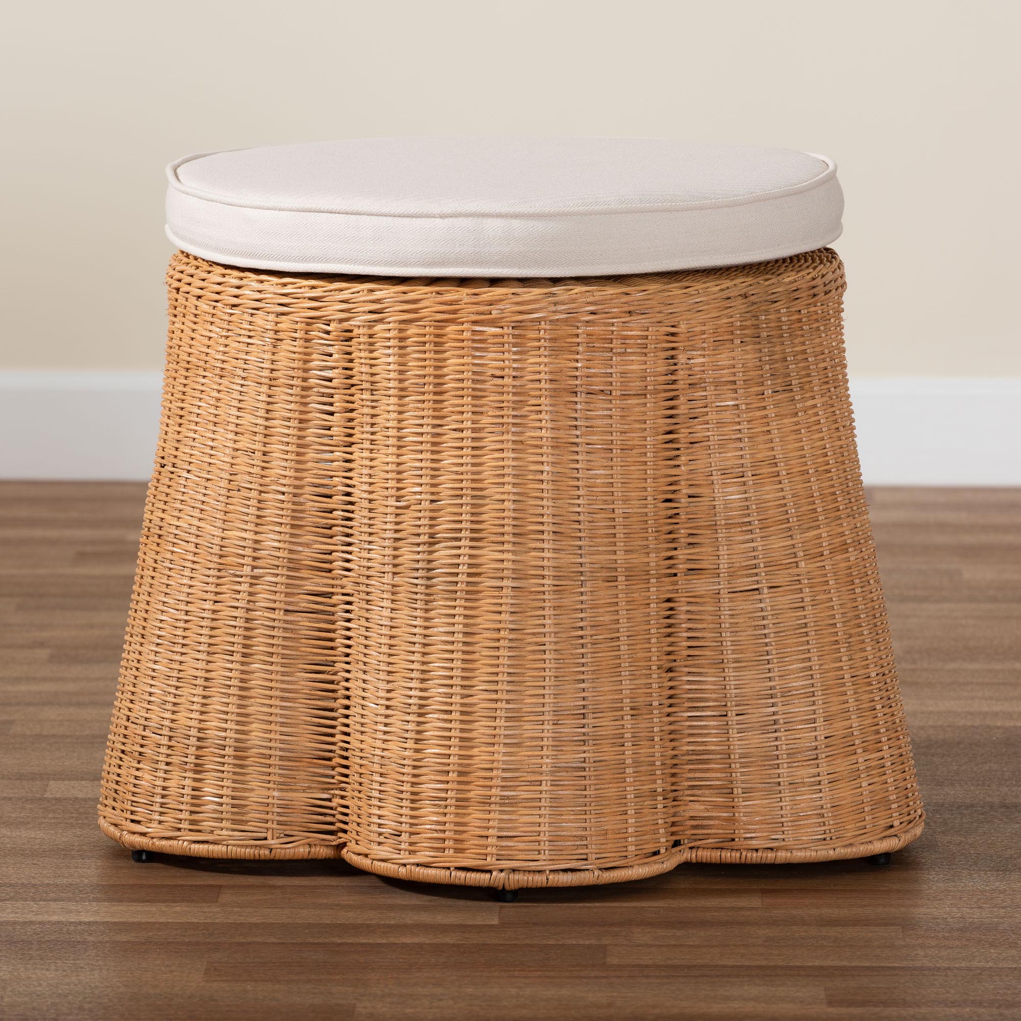 bali & pari Palm Scallop Natural Rattan Ottoman with Cushion - Handwoven Wicker Accent Stool or Footrest for Living Room, Bedroom, or Sunroom, Coastal Boho Style, 26" Round