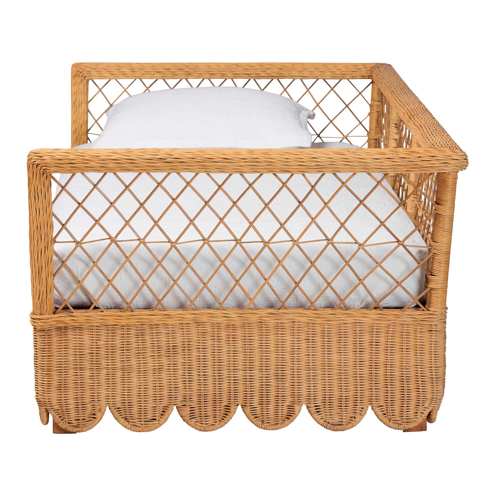 bali & pari Teresa Natural Rattan Daybed - Handwoven Sofa Bed Frame with Scalloped Edge and Open Lattice Back and Side, Coastal Boho Style Lounge Seating, Twin