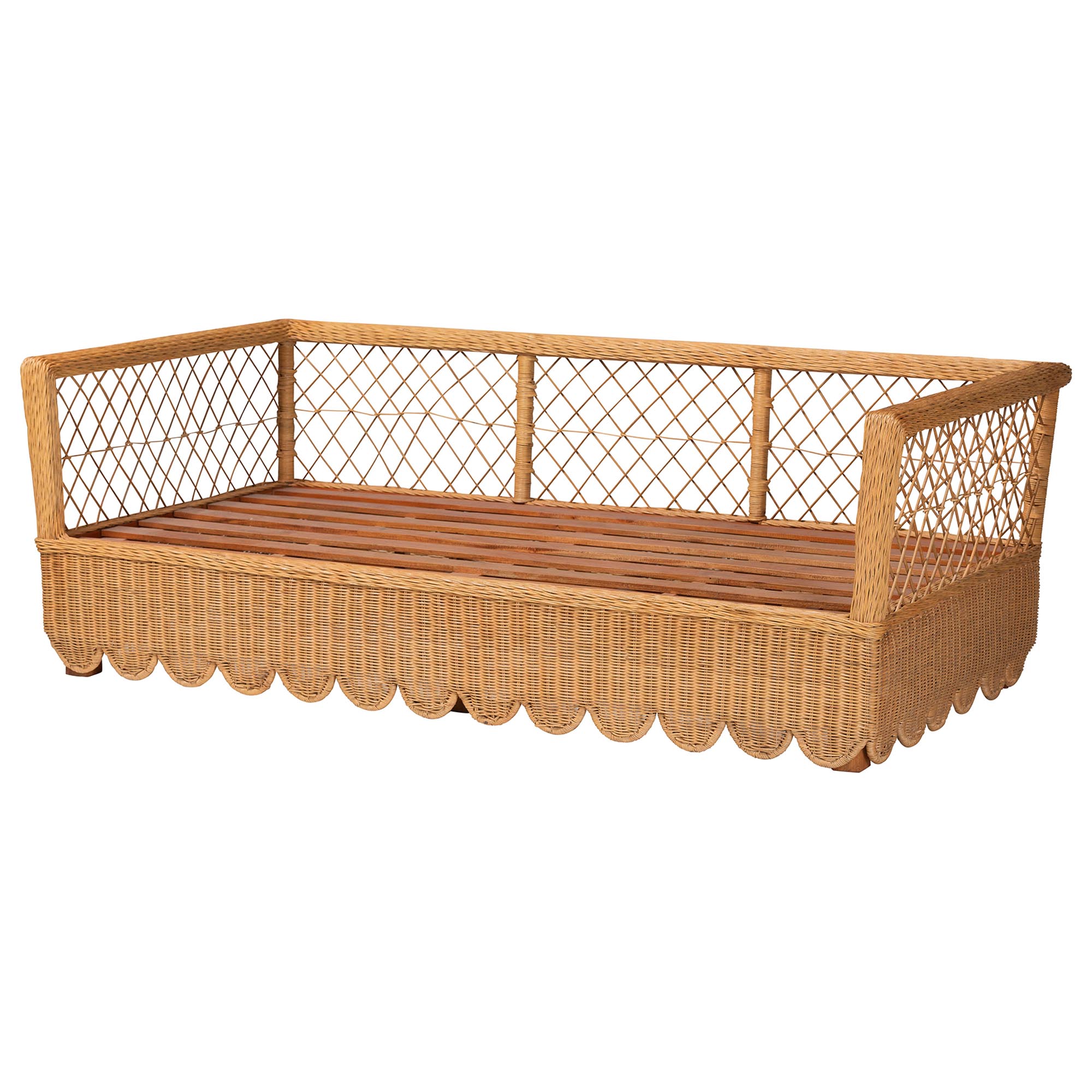 bali & pari Teresa Natural Rattan Daybed - Handwoven Sofa Bed Frame with Scalloped Edge and Open Lattice Back and Side, Coastal Boho Style Lounge Seating, Twin