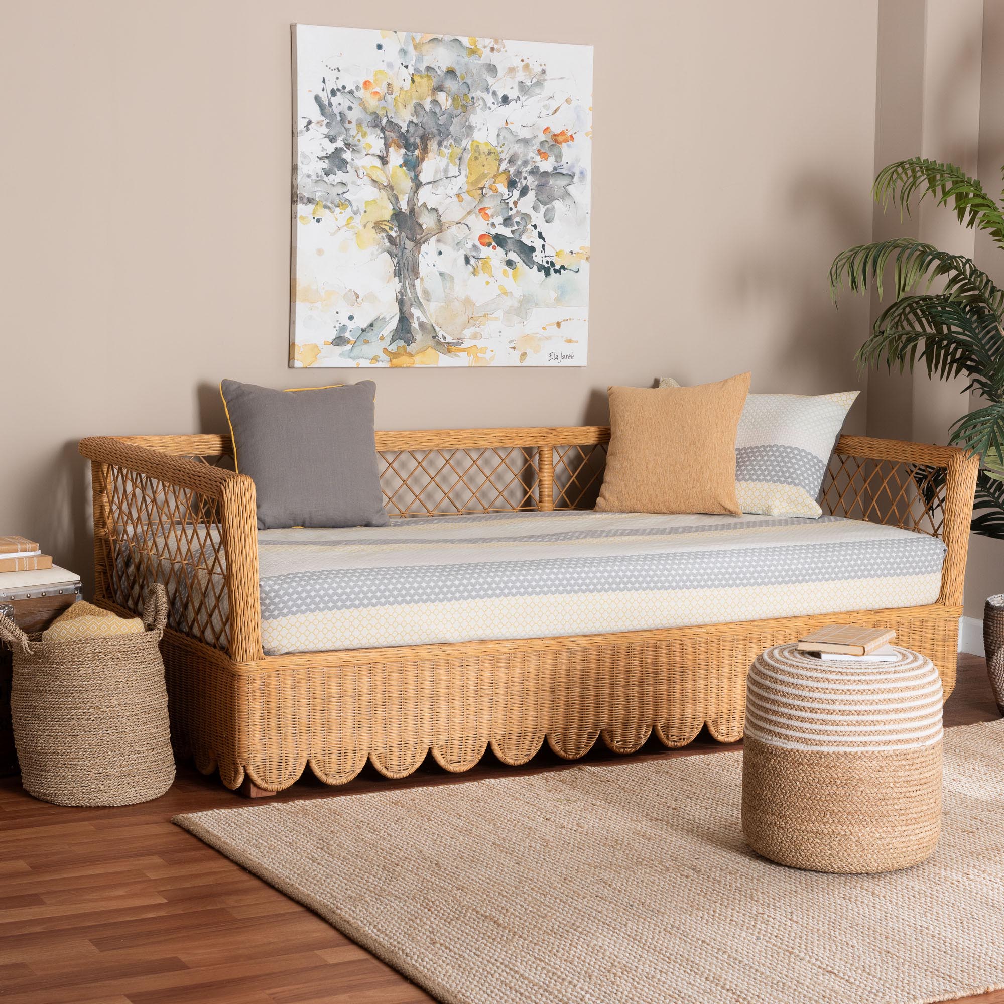 bali & pari Teresa Natural Rattan Daybed - Handwoven Sofa Bed Frame with Scalloped Edge and Open Lattice Back and Side, Coastal Boho Style Lounge Seating, Twin