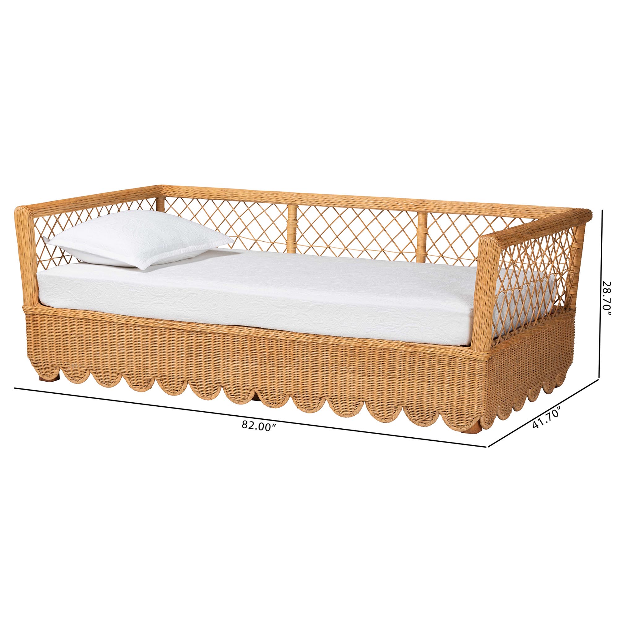 bali & pari Teresa Natural Rattan Daybed - Handwoven Sofa Bed Frame with Scalloped Edge and Open Lattice Back and Side, Coastal Boho Style Lounge Seating, Twin