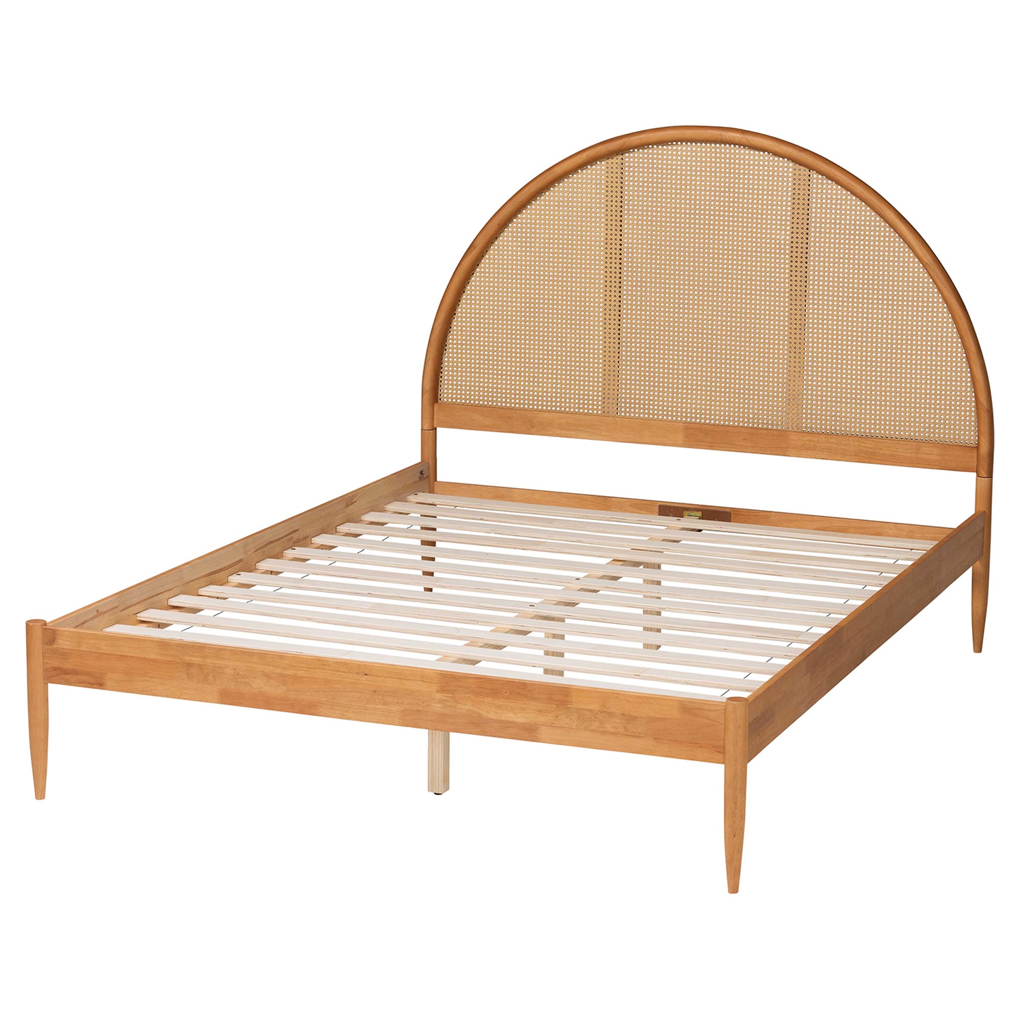 Baxton Studio Wrenley Japandi Oak Brown Wood Queen Bed with Antique Rattan