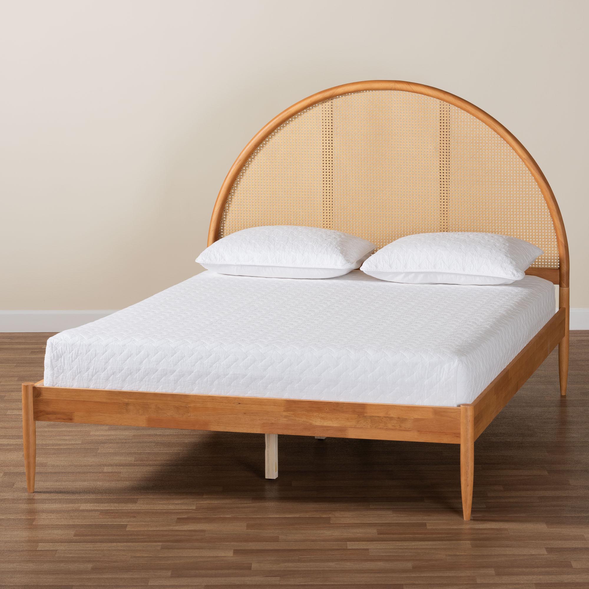 Baxton Studio Wrenley Japandi Oak Brown Wood Queen Bed with Antique Rattan
