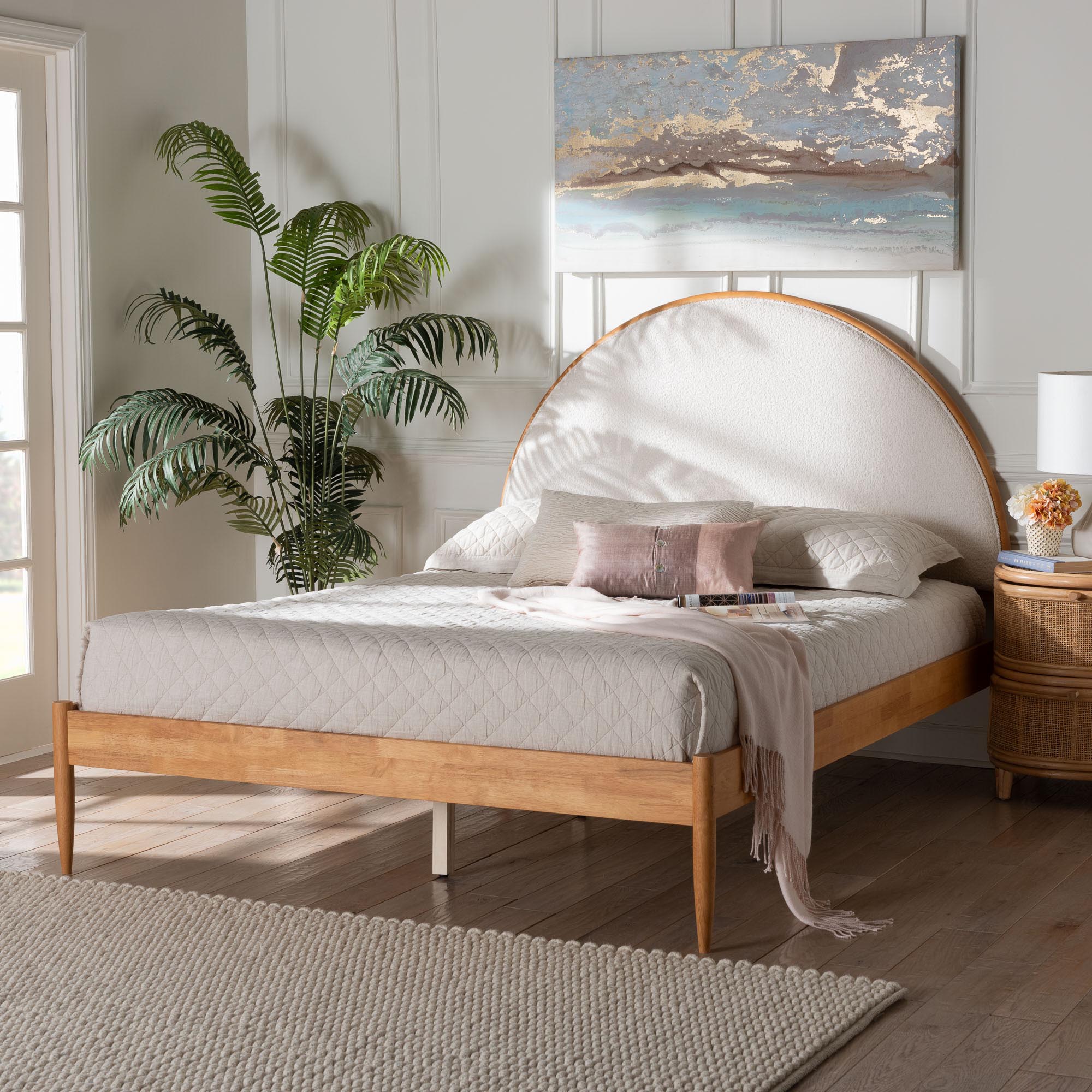 Baxton Studio Dawson Japandi Cream Teddy Fabric and Oak Brown Wood Queen Bed