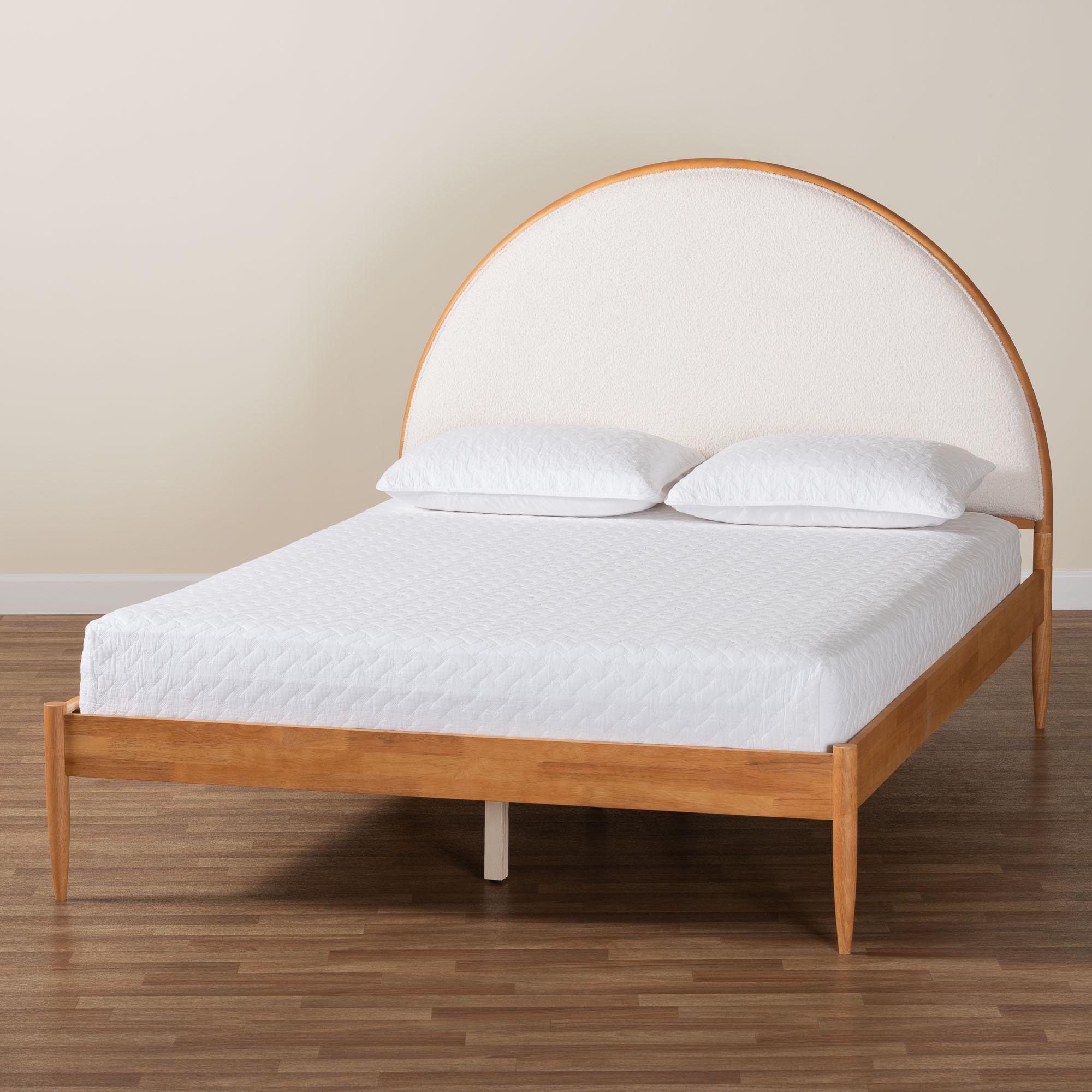 Baxton Studio Dawson Japandi Cream Teddy Fabric and Oak Brown Wood Queen Bed