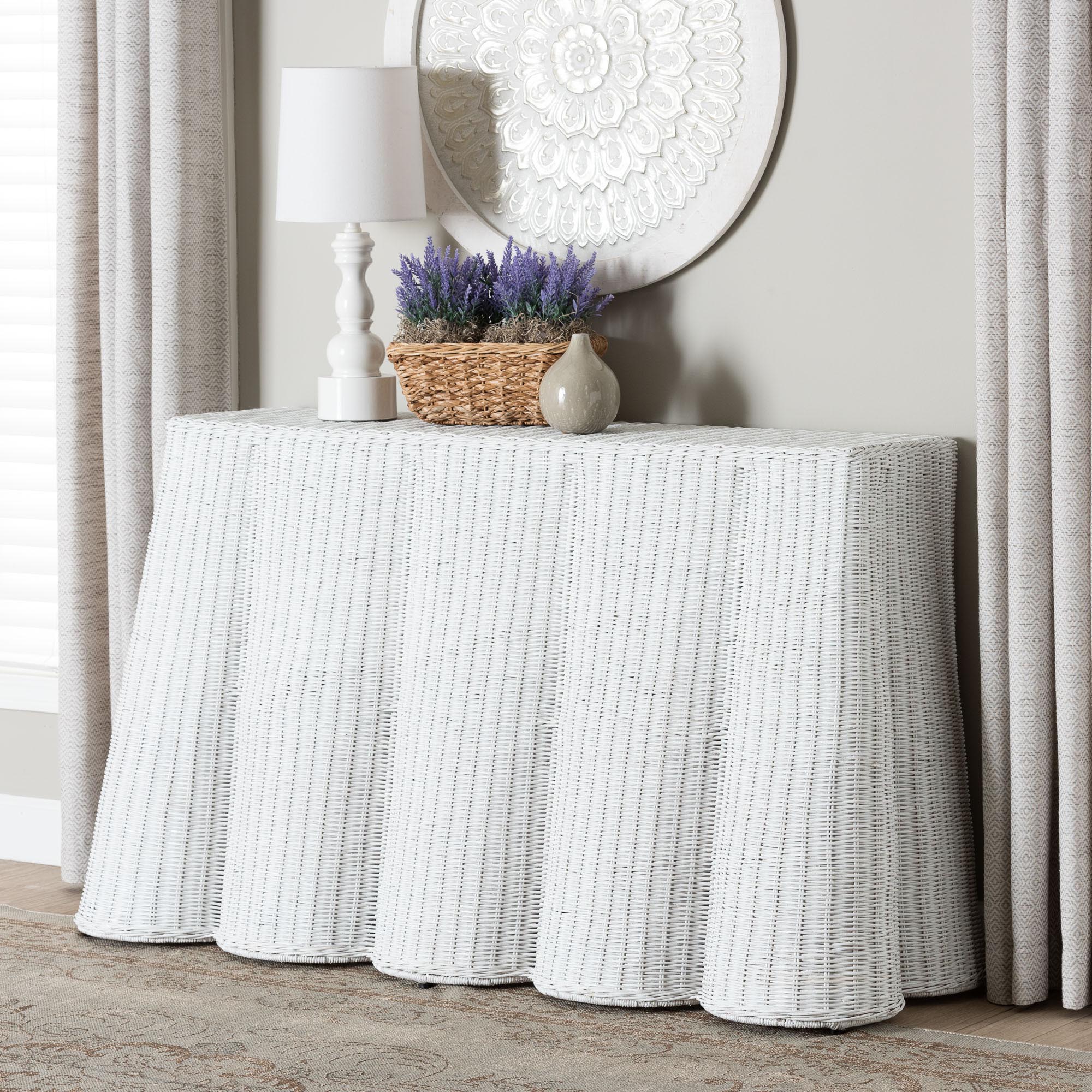 bali & pari Palm Bohemian White Scallop Rattan Console Table