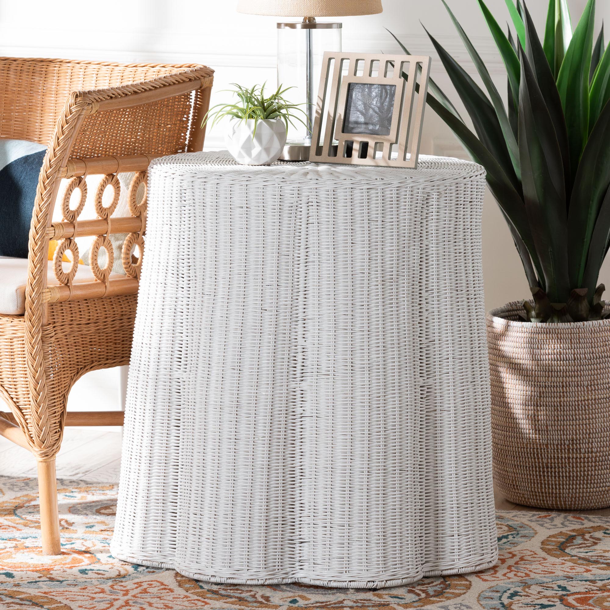 bali & pari Palm Bohemian White Scalloped Rattan Console Table